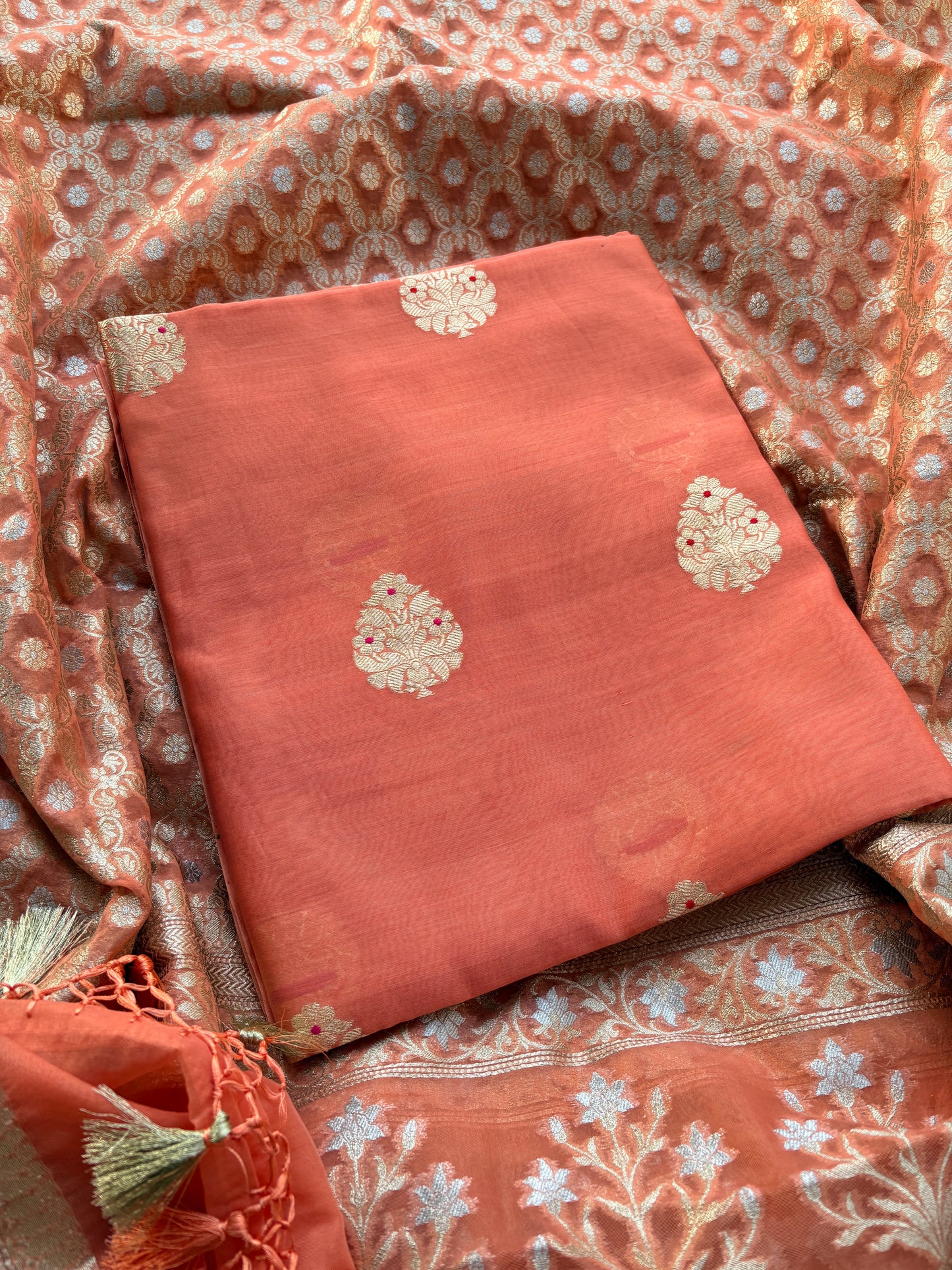Rust handloom silk kurta and cutwork kora dupatta