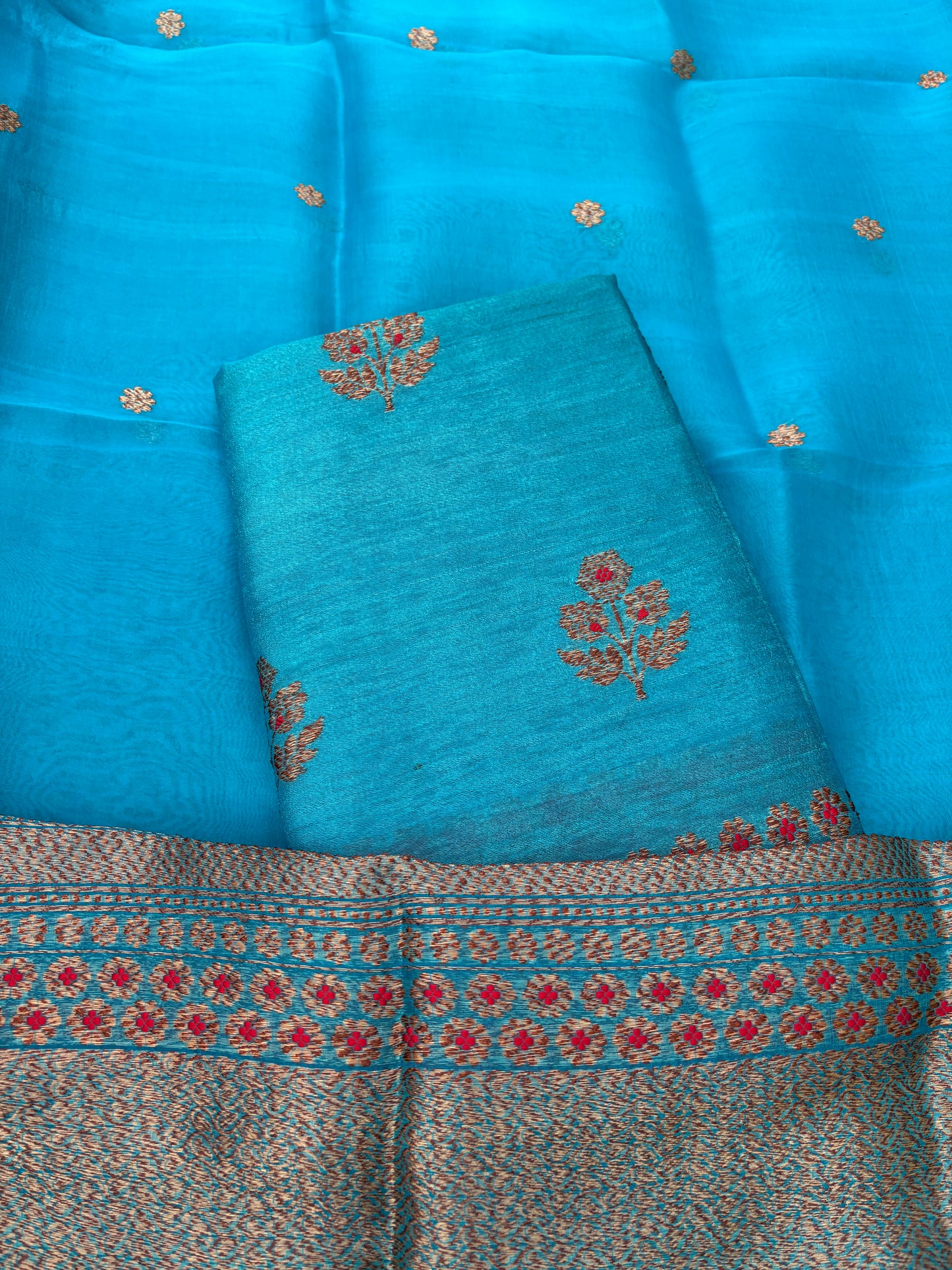 Warm blue raw silk tussar kadhwa suit, kora silk dupatta