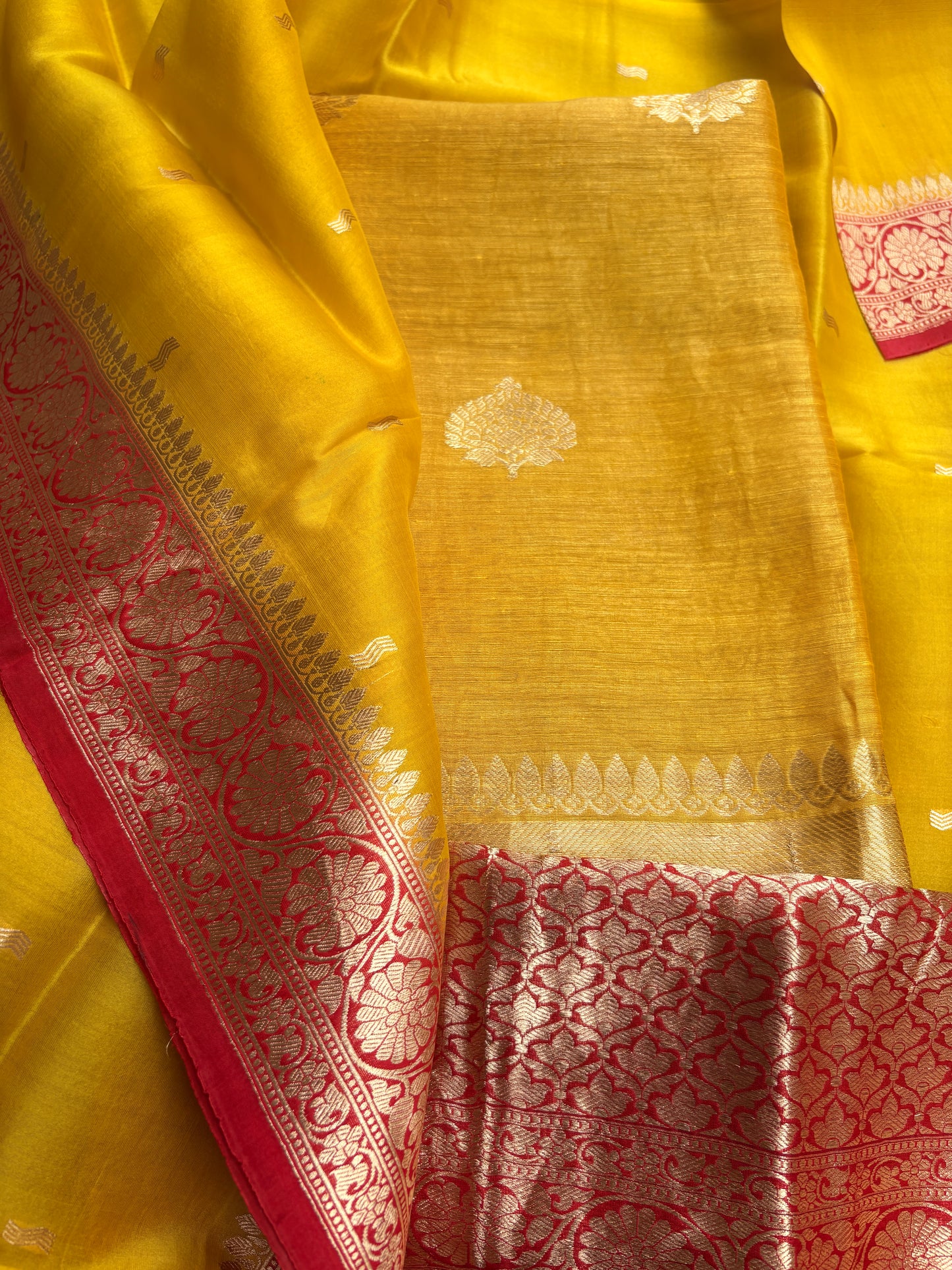 Yellow linen silk kurta, bottom, shaded kora dupatta
