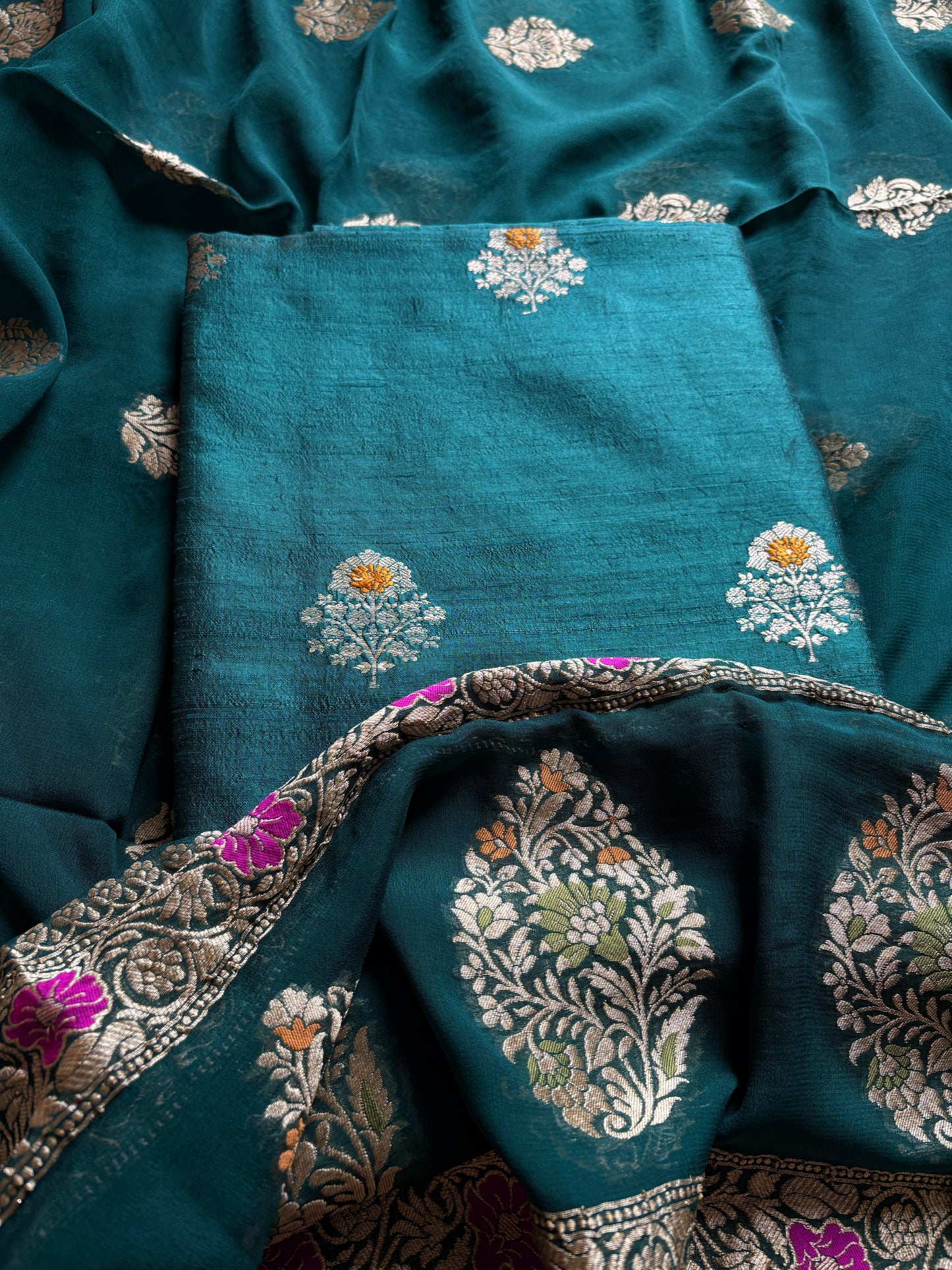 Green raw silk meenadar Kurta, bottom , Khaddi georgette dupatta