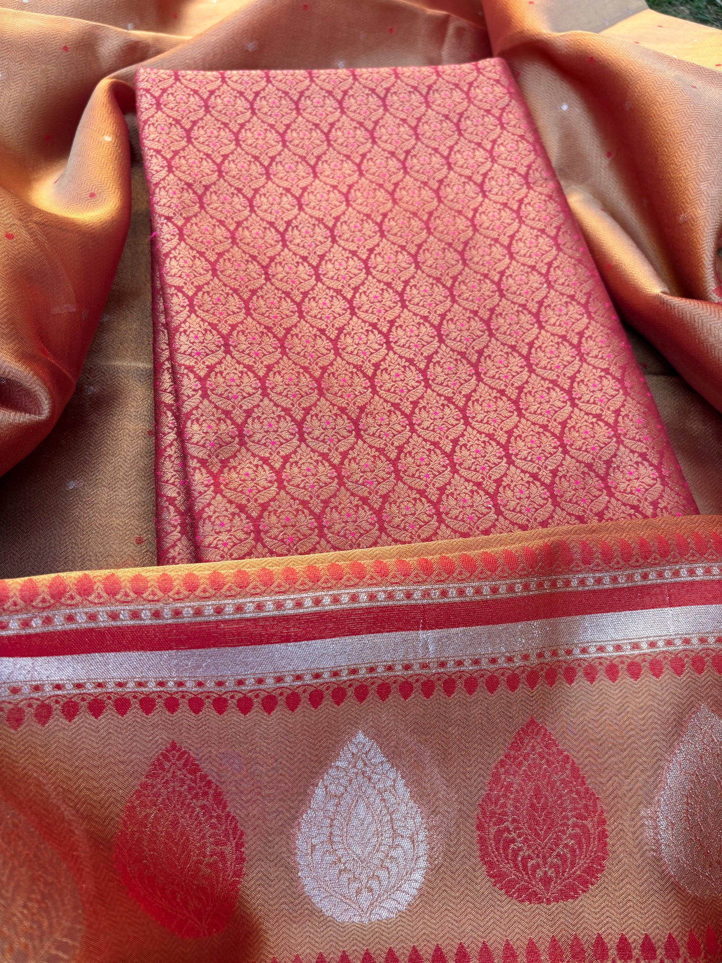 Maroon brocade cotton tissue suit set