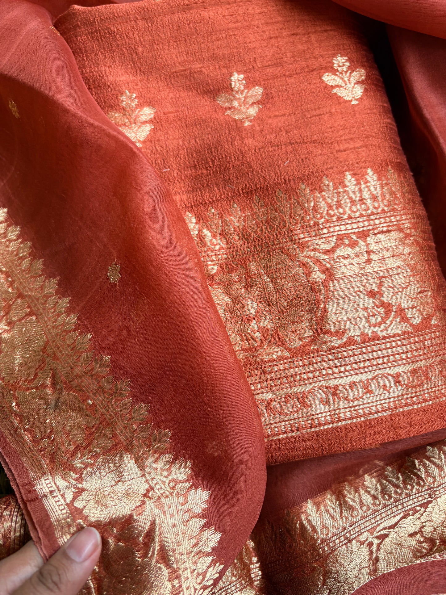 Rust raw silk kurta, bottom and kora kadhwa dupatta