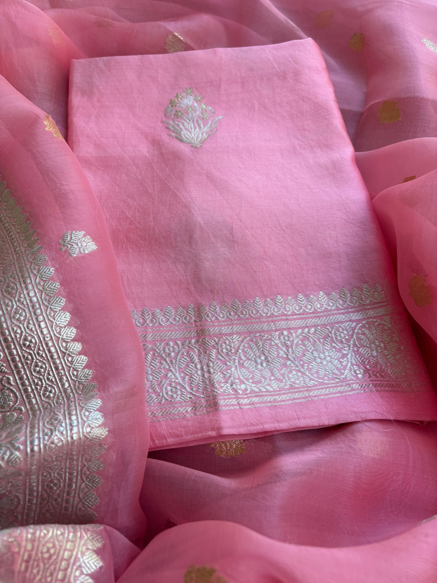 Pink pure silver zari chiniya kurta, kora dupatta, plain silk bottom.