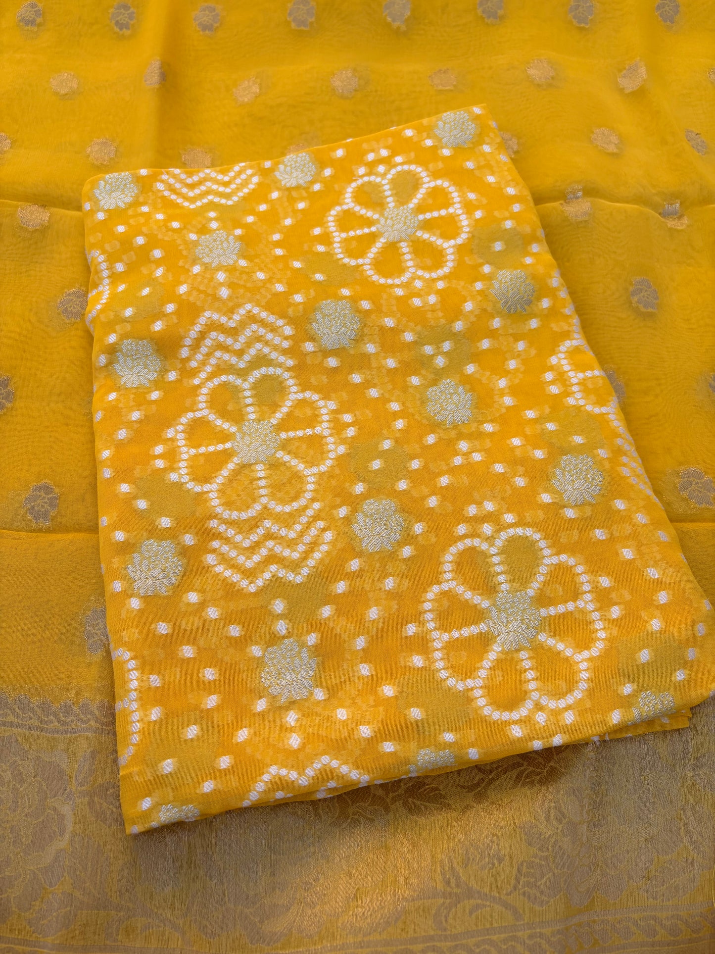 Yellow premium chiffon bandhani 3 piece suit set