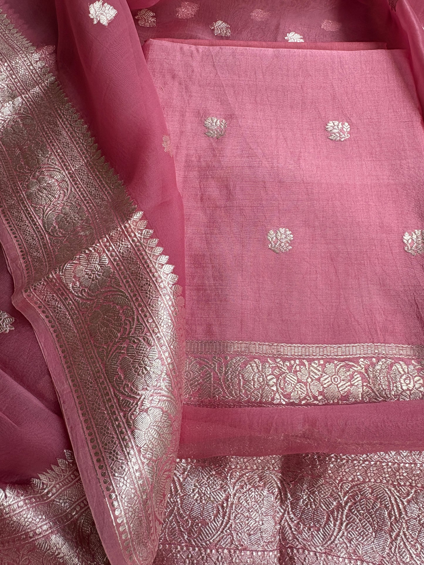 Pink silver zari Chiniya kora suit set
