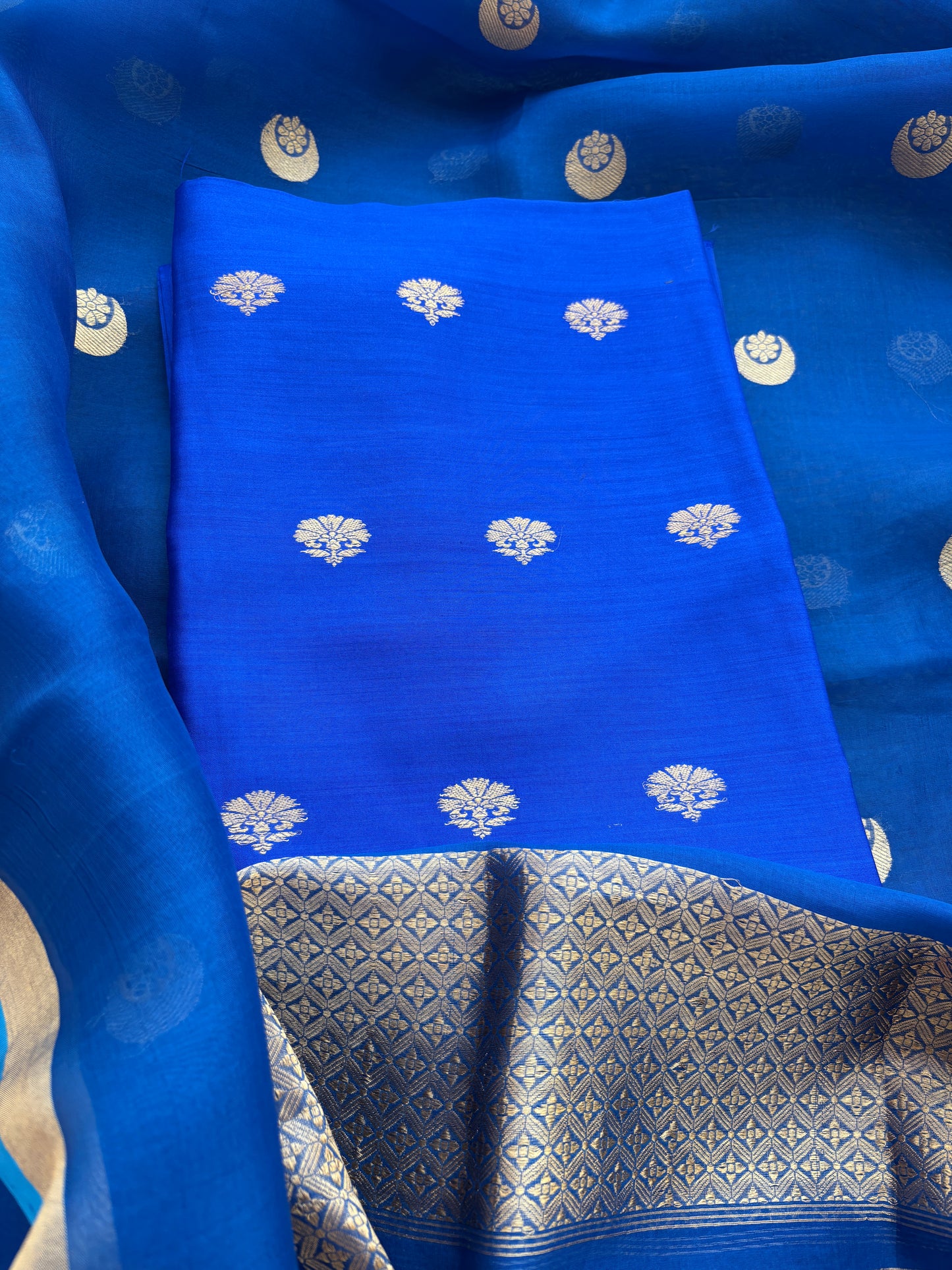 Blue raw mango silk kurta bottom and kora silk dupatta