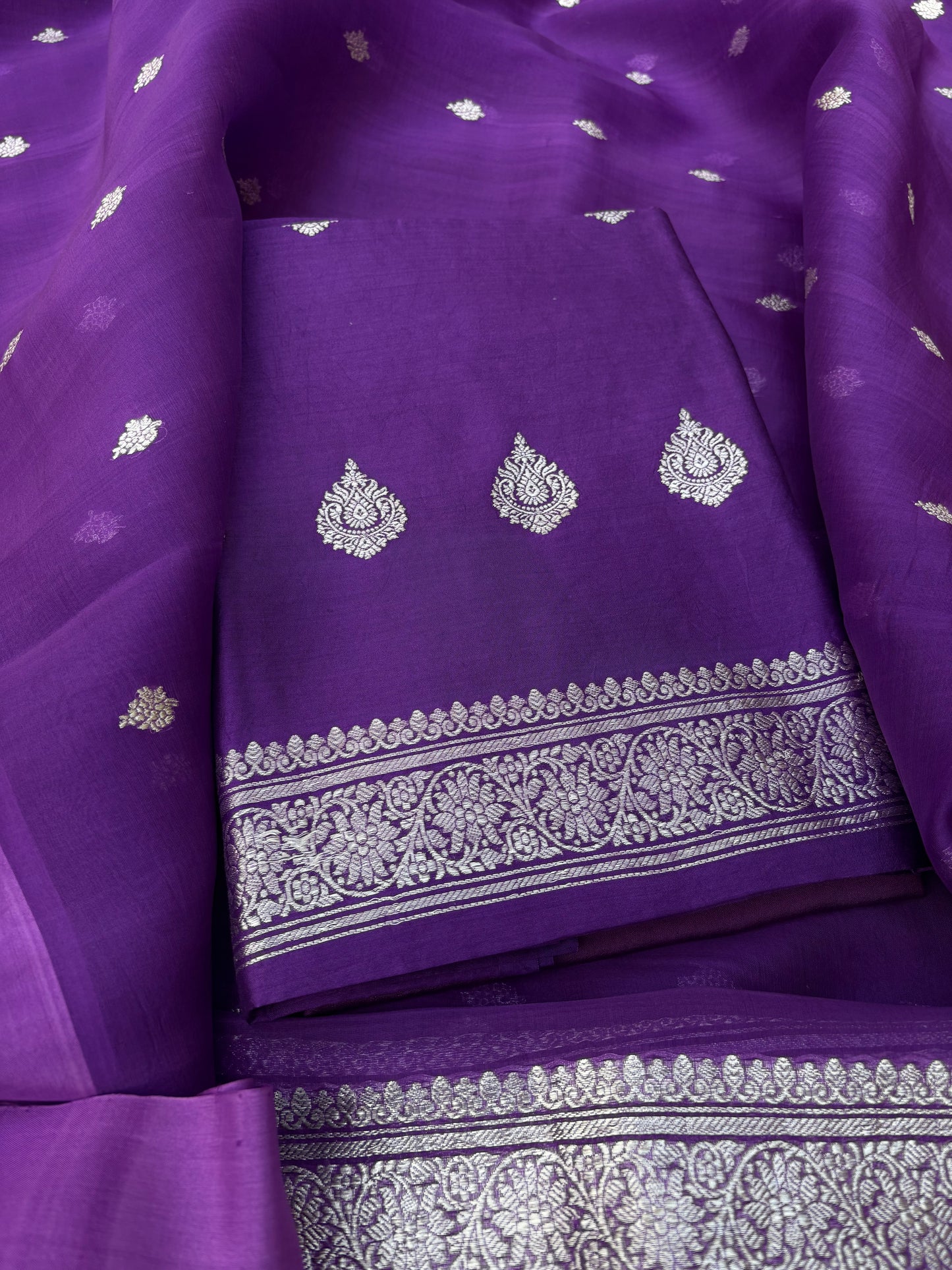 Purple silver zari Chiniya kora silk suit set