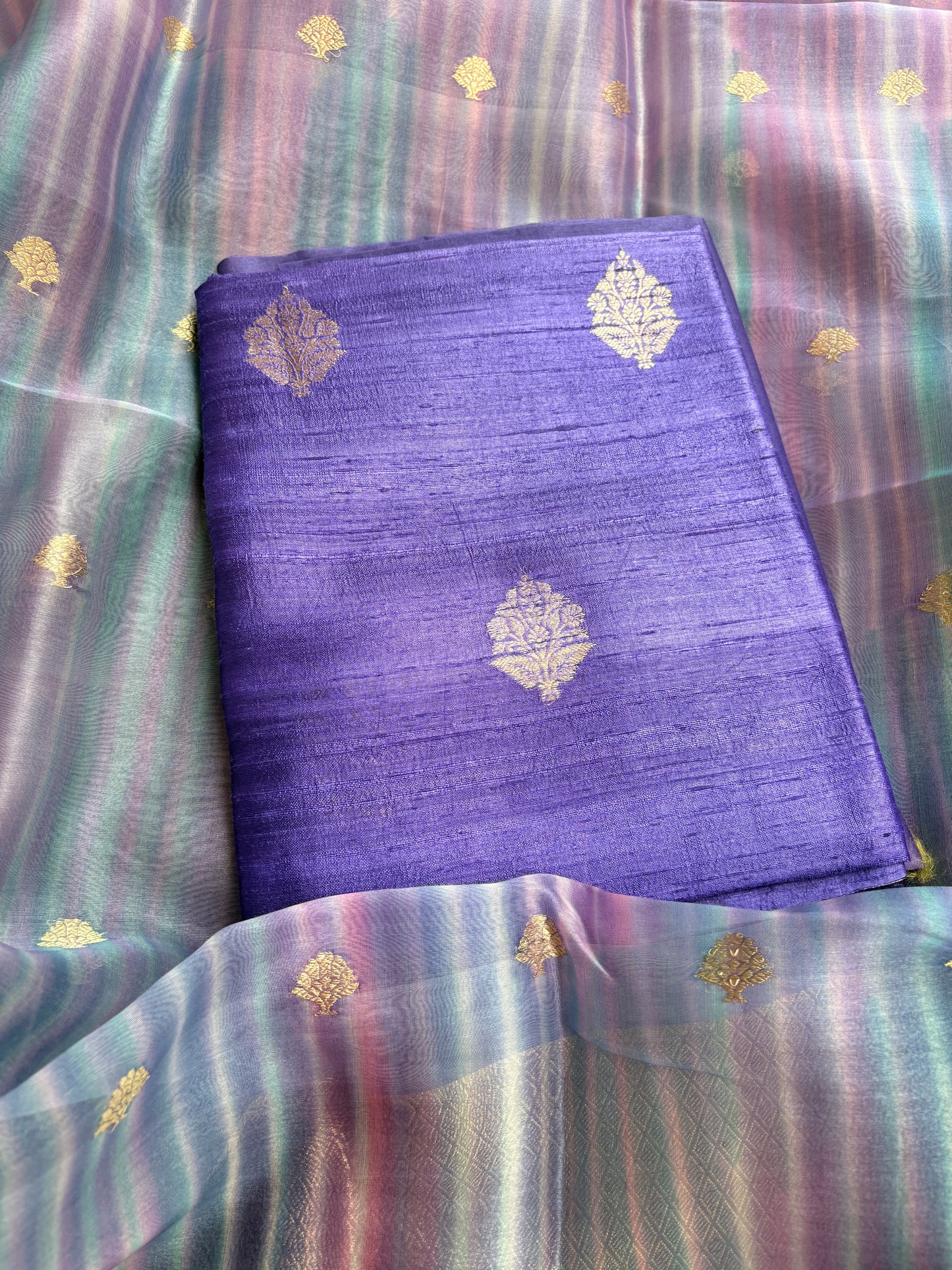 Pure raw silk kurta, bottom and kora digital dyed dupatta