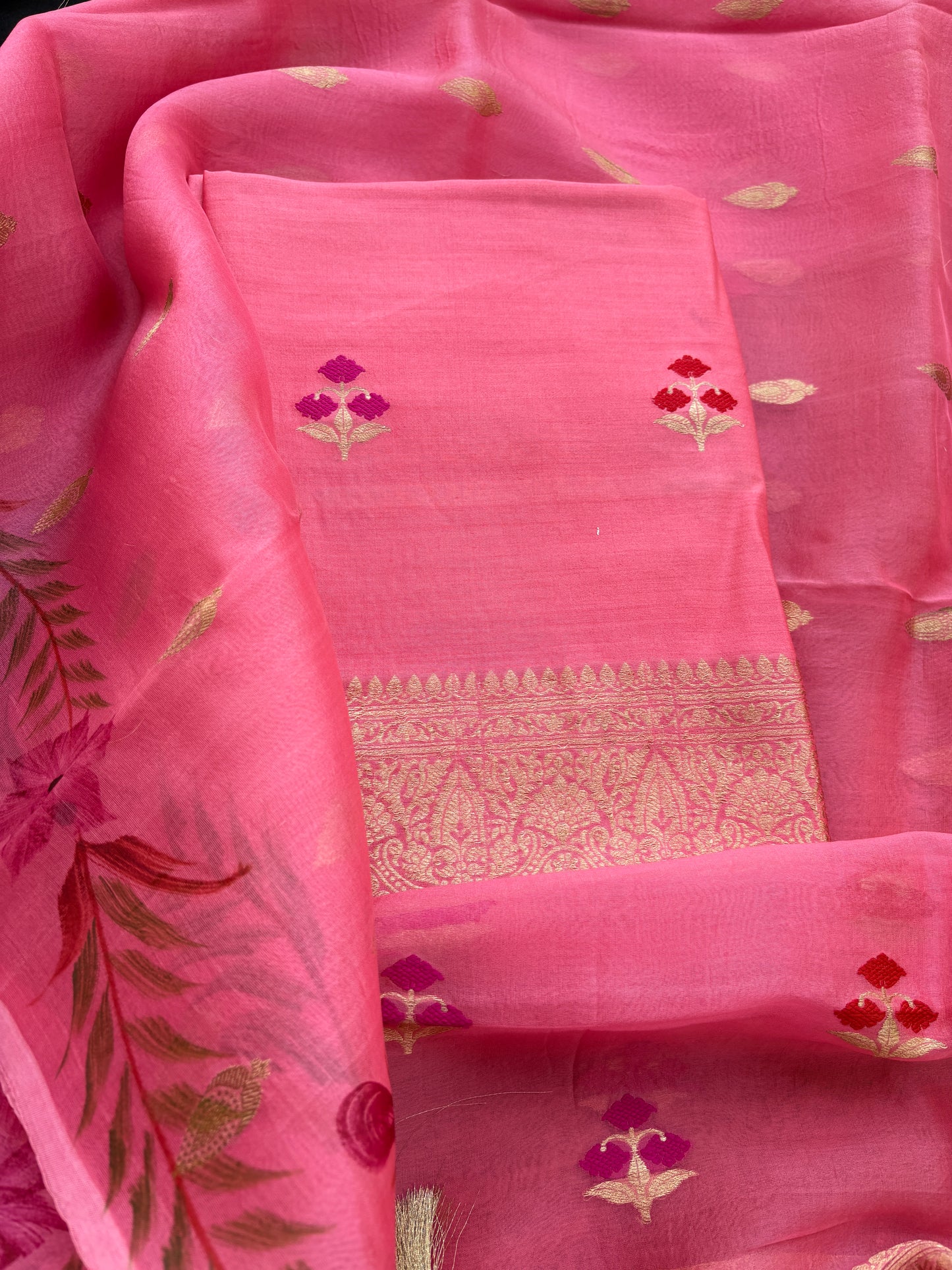 Pink Chiniya silk kora silk suit set