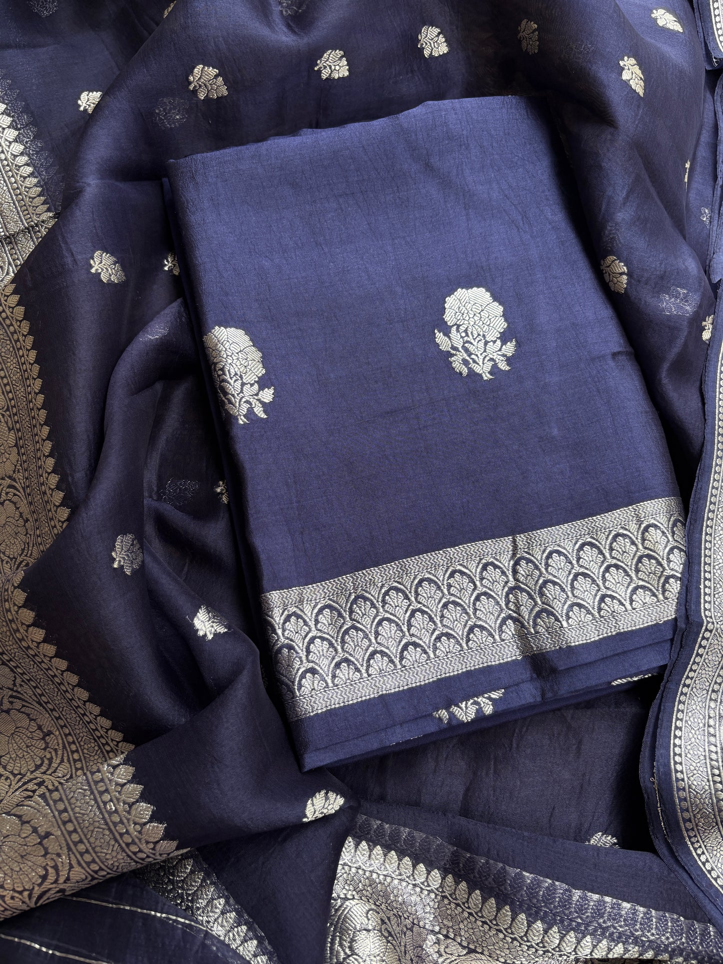 Blue Chiniya kora Chiniya silver zari suit set