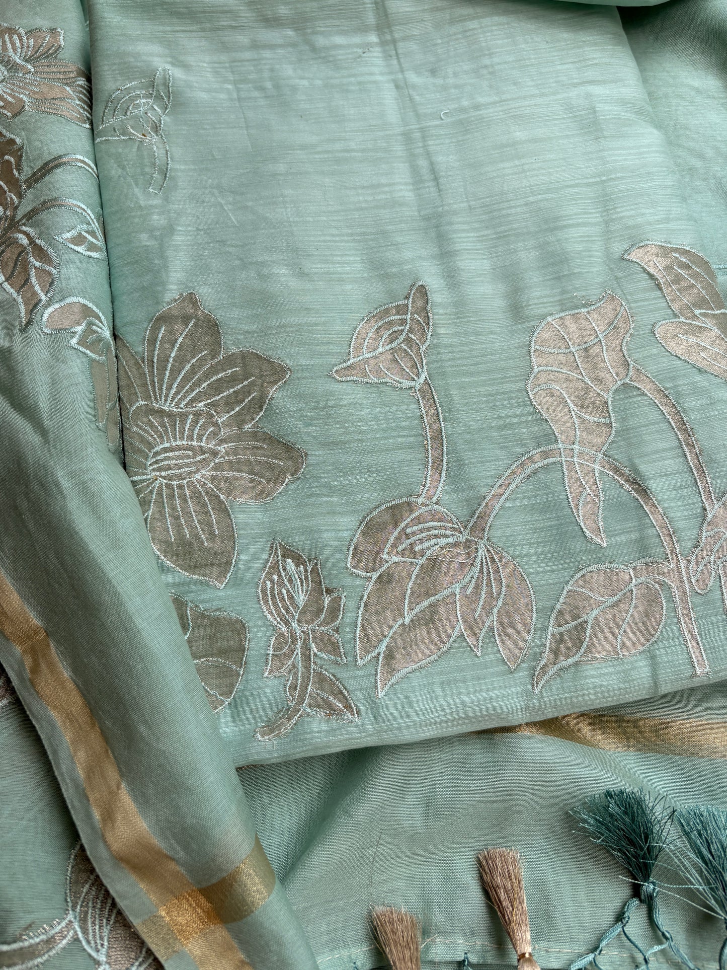 Green applique mul Chanderi 3 piece suit set