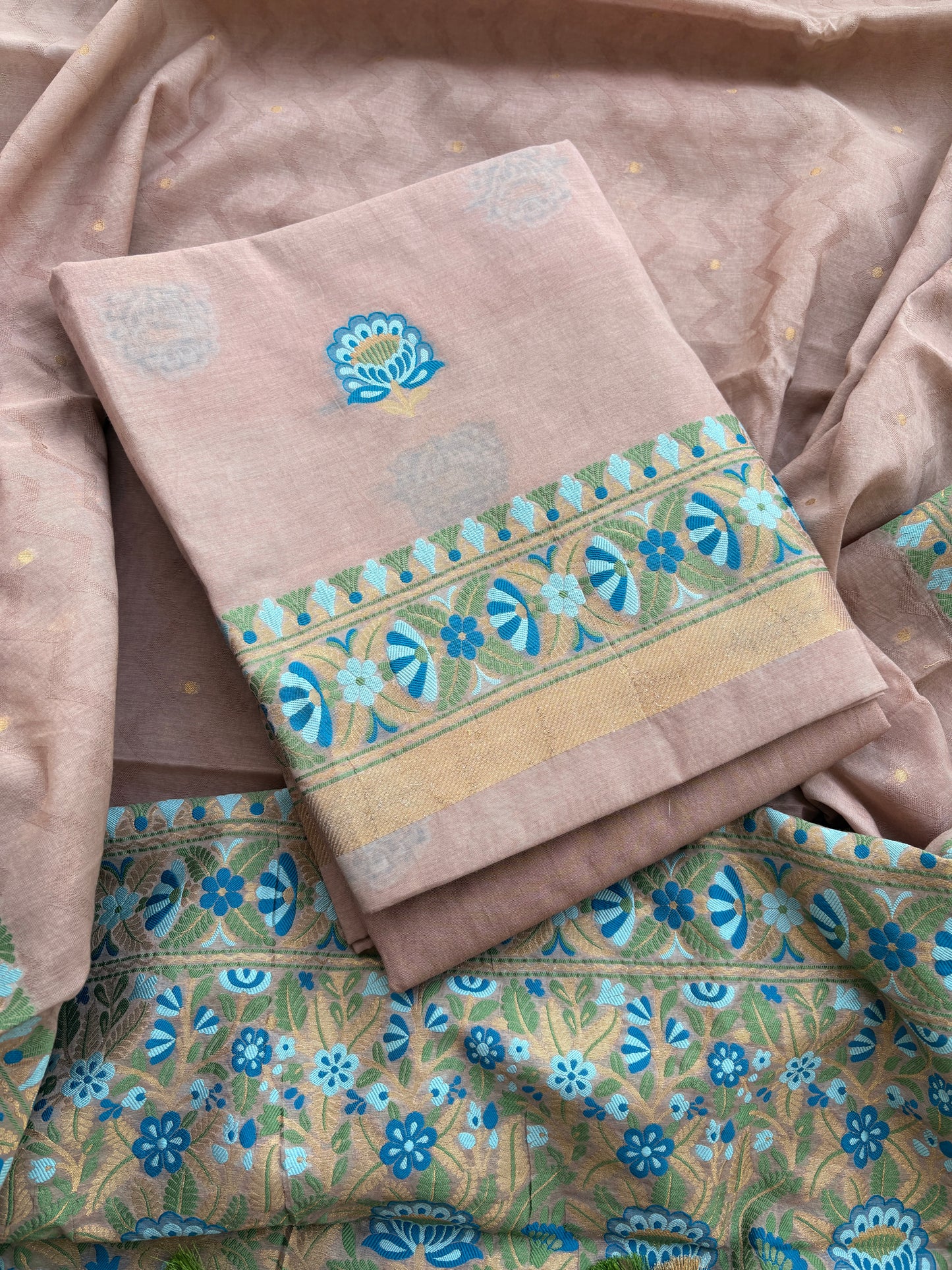 Peach Chanderi jaal weaving suit set