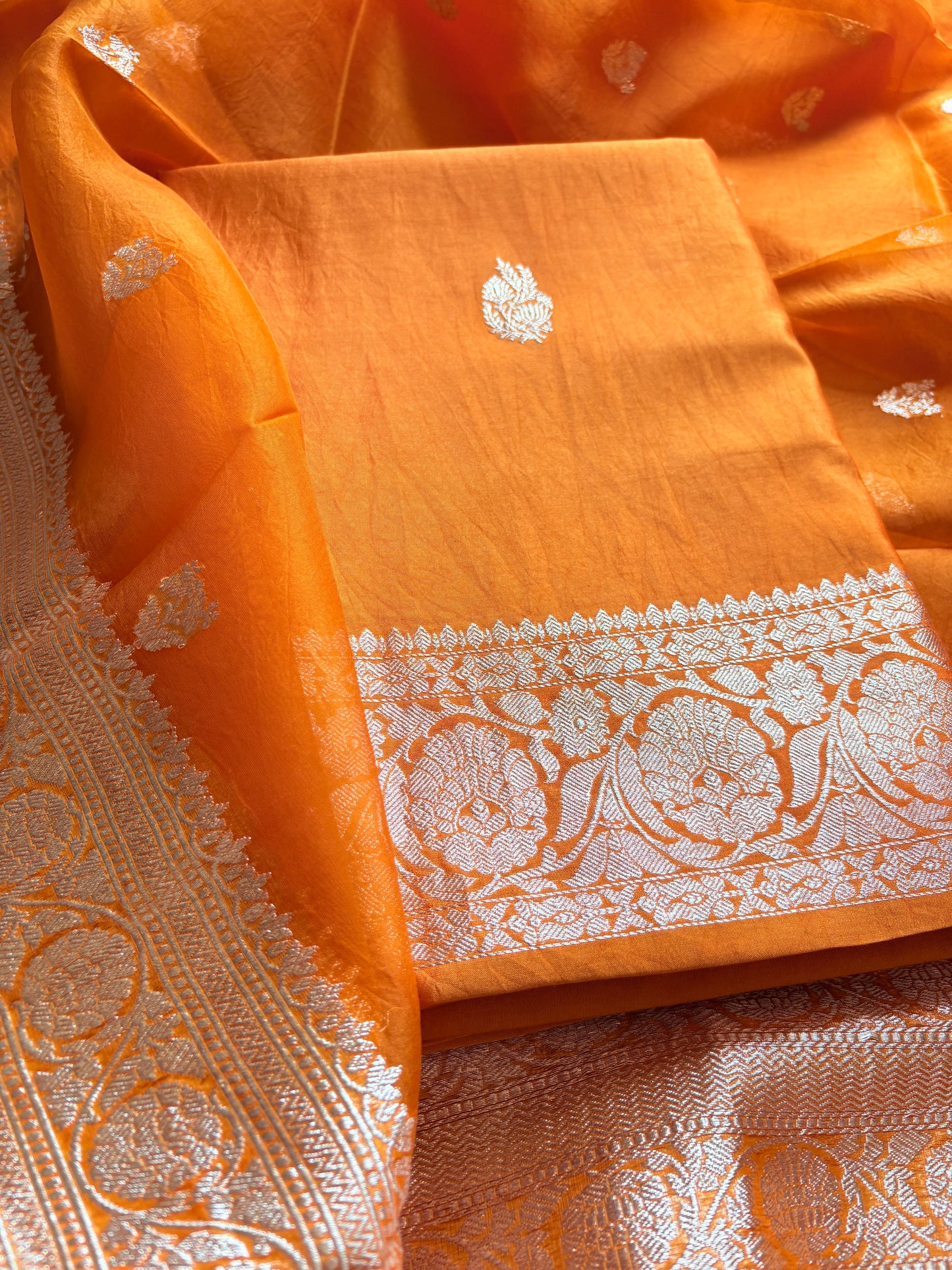 Orange Chiniya silver zari suit set