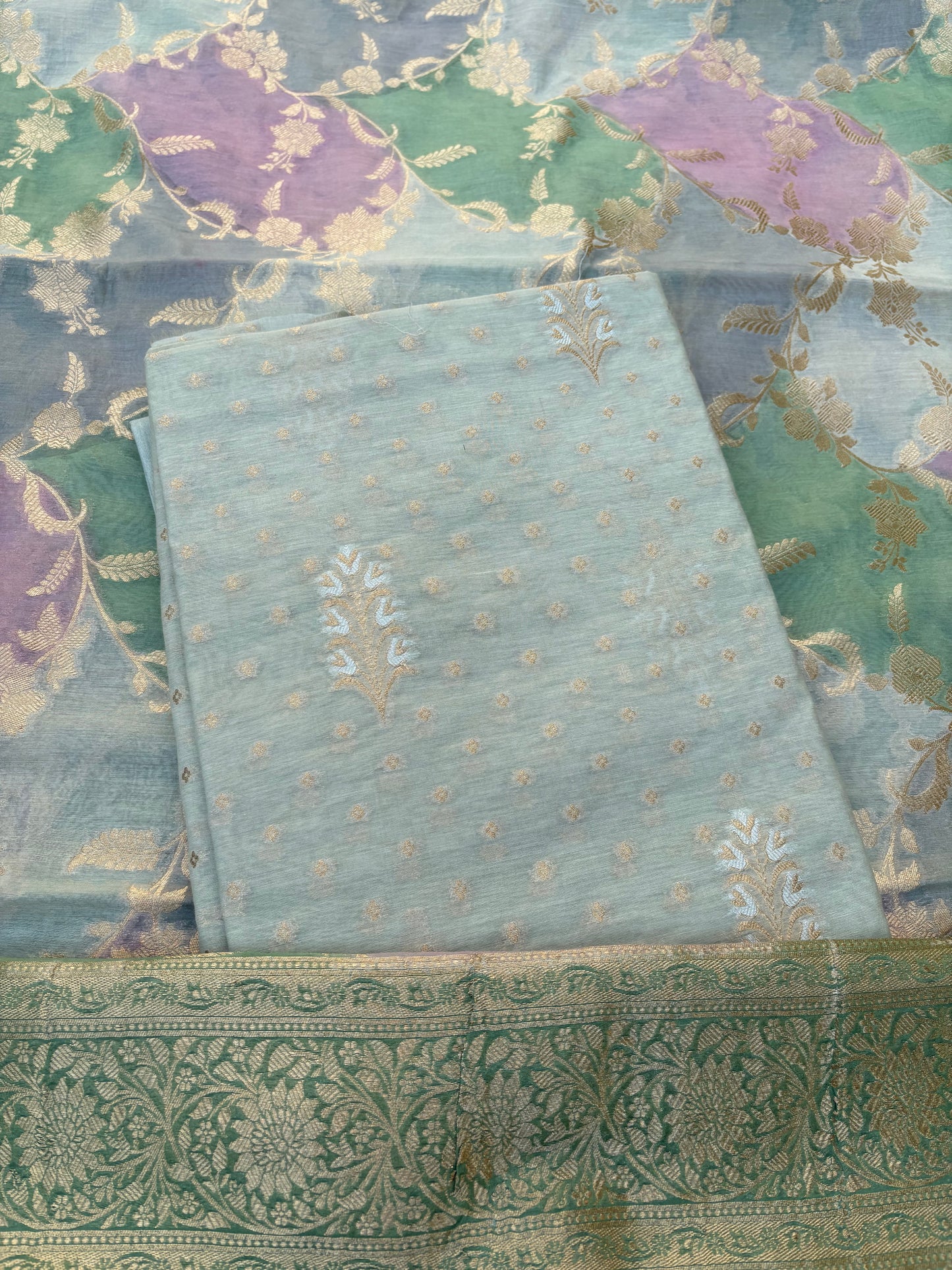Turq Chanderi kurta, rangkat dupatta , plain bottom