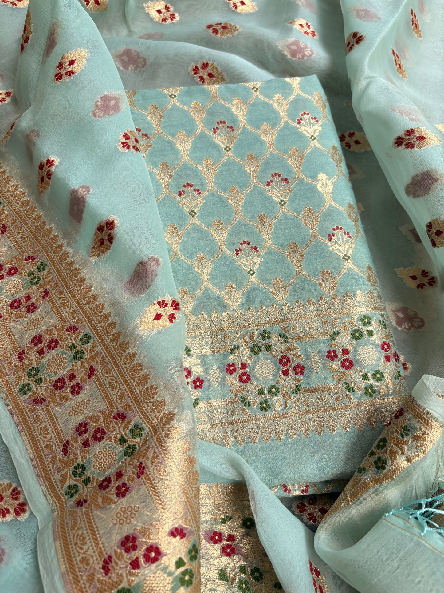 Blue moonga silk kurta, kora silk kadhwa dupatta , plain bottom