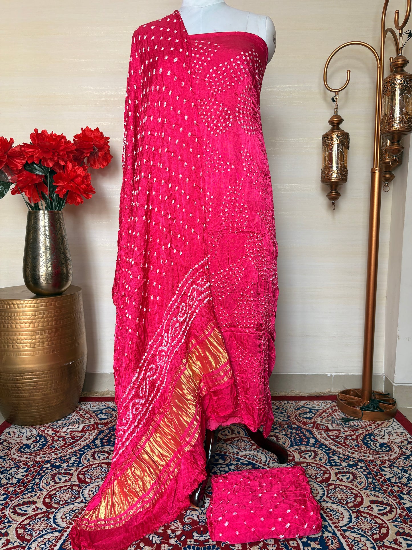 Pink bandhani suit set ( 3 piece )