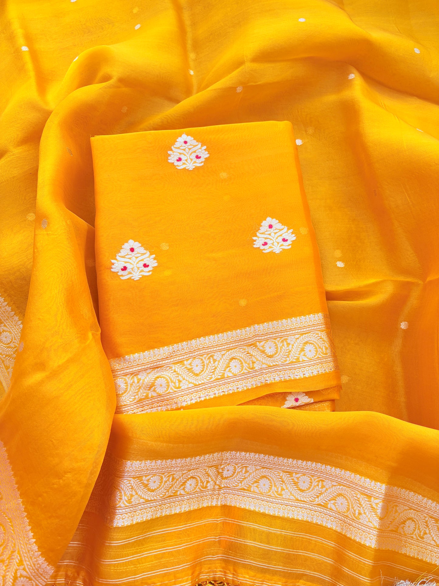 Yellow kora kadhwa silk suit set