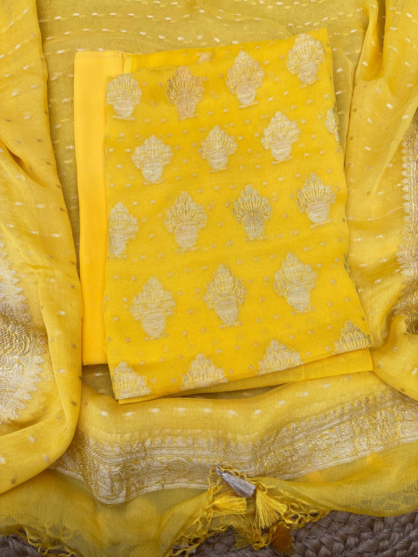Yellow Khaddi chiffon kadhwa 3 piece suit set