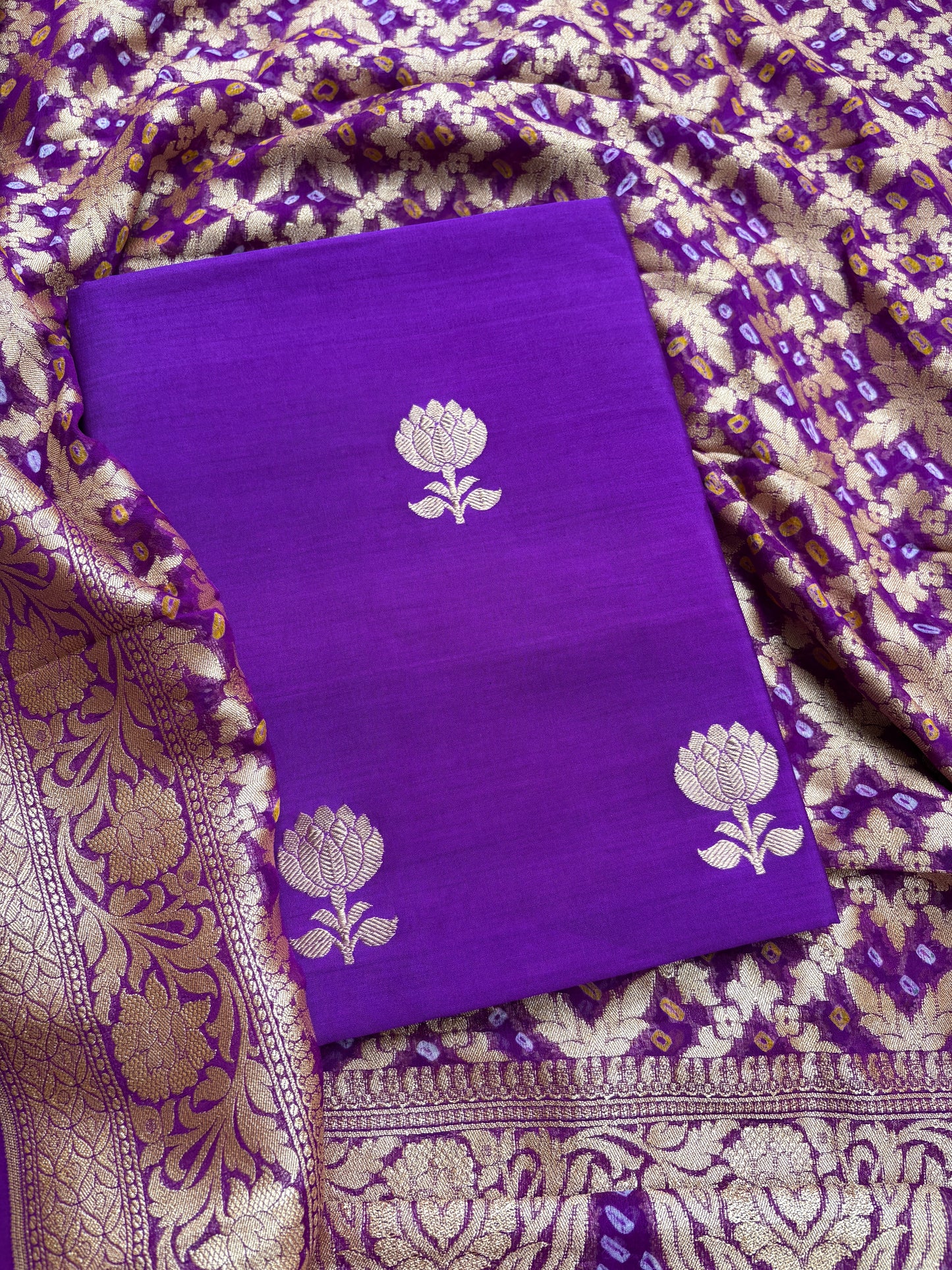 Purple Chiniya kurta , bottom khaadi bandhani dupatta