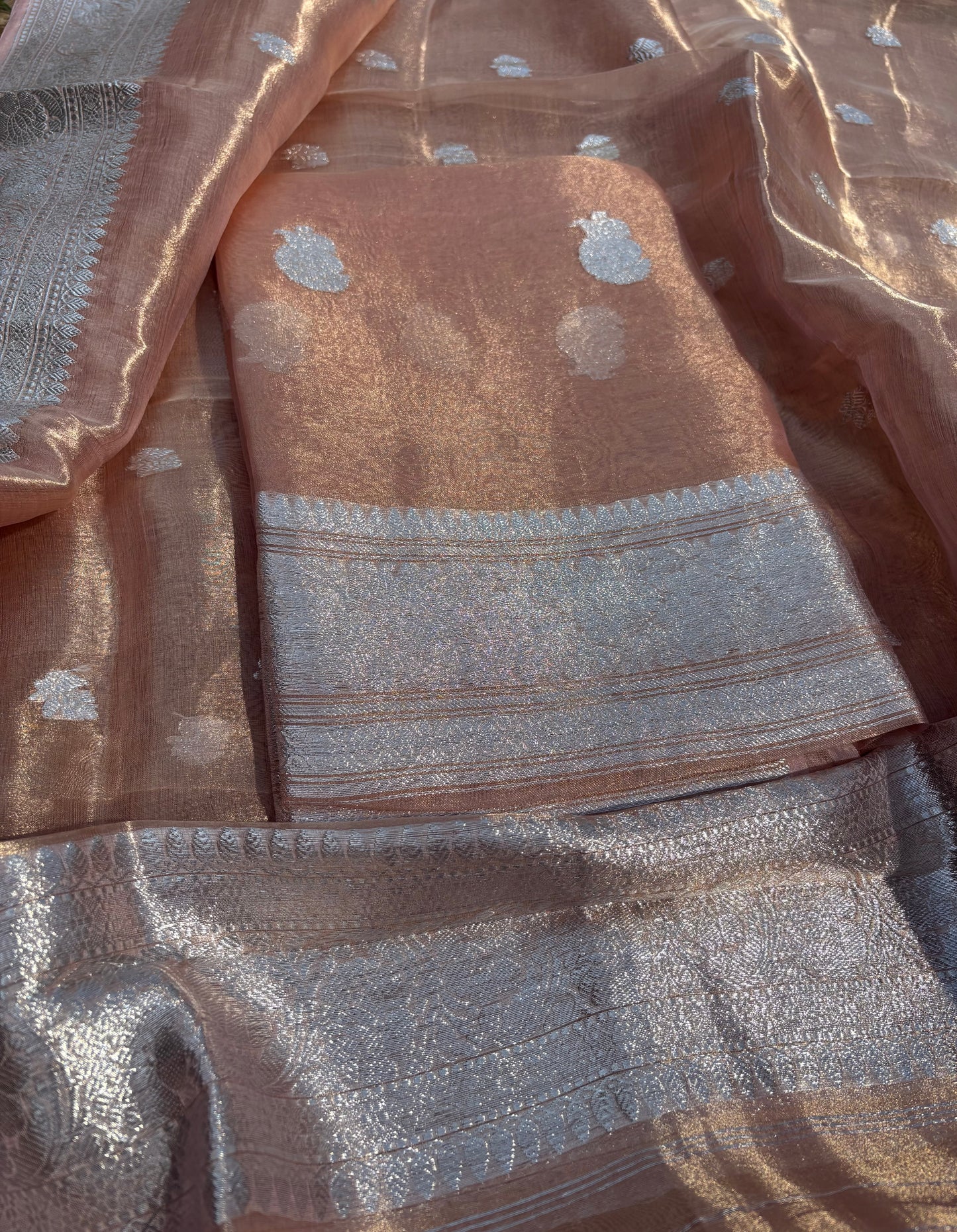 Pink peach silver zari tissue 3 piece suit set