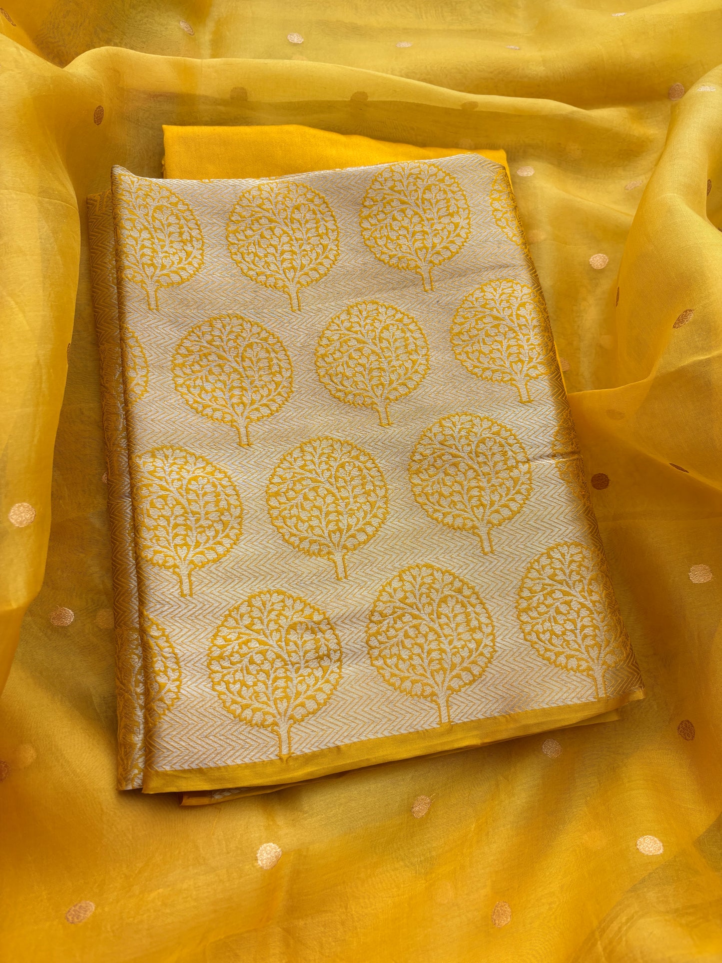 Yellow Katan brocade kurta and bottom , kora silk dupatta