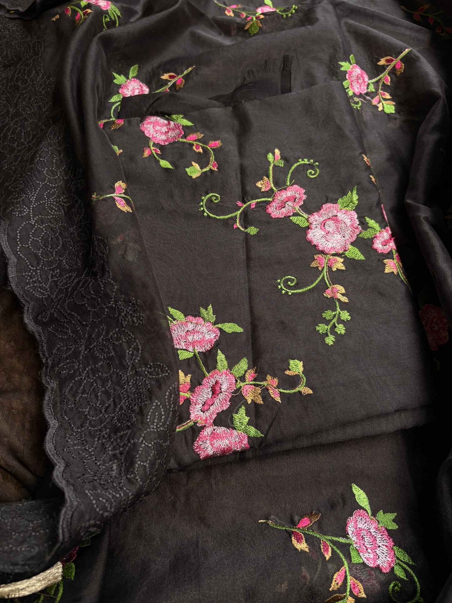 Black organza embroidered suit set