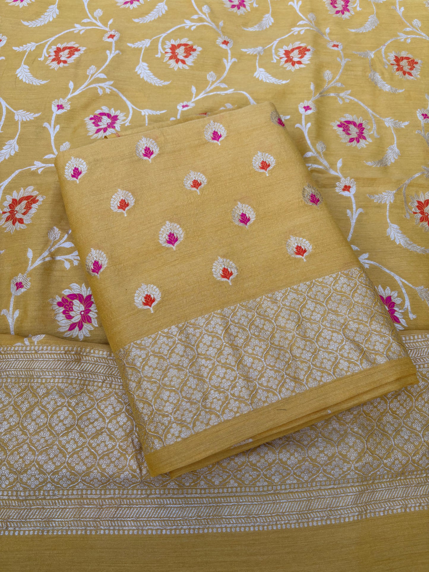Yellow meenadar moonga silk jaal suit set
