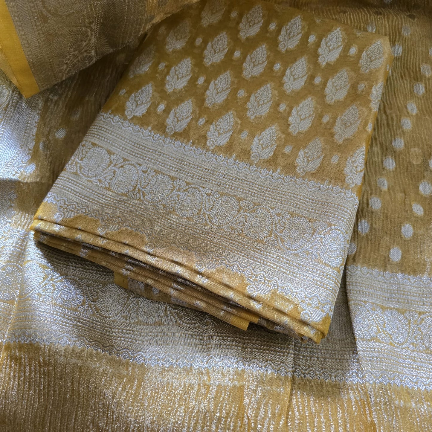Yellow tissue suit, hand crushed dupatta , plain solid color bottom