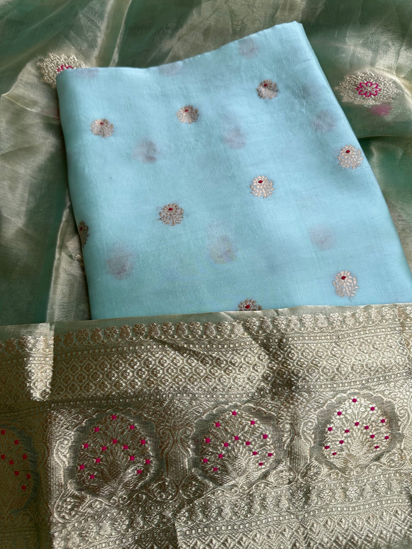 Sky blue chiniya silk kurta, bottom and tissue meendar dupatta