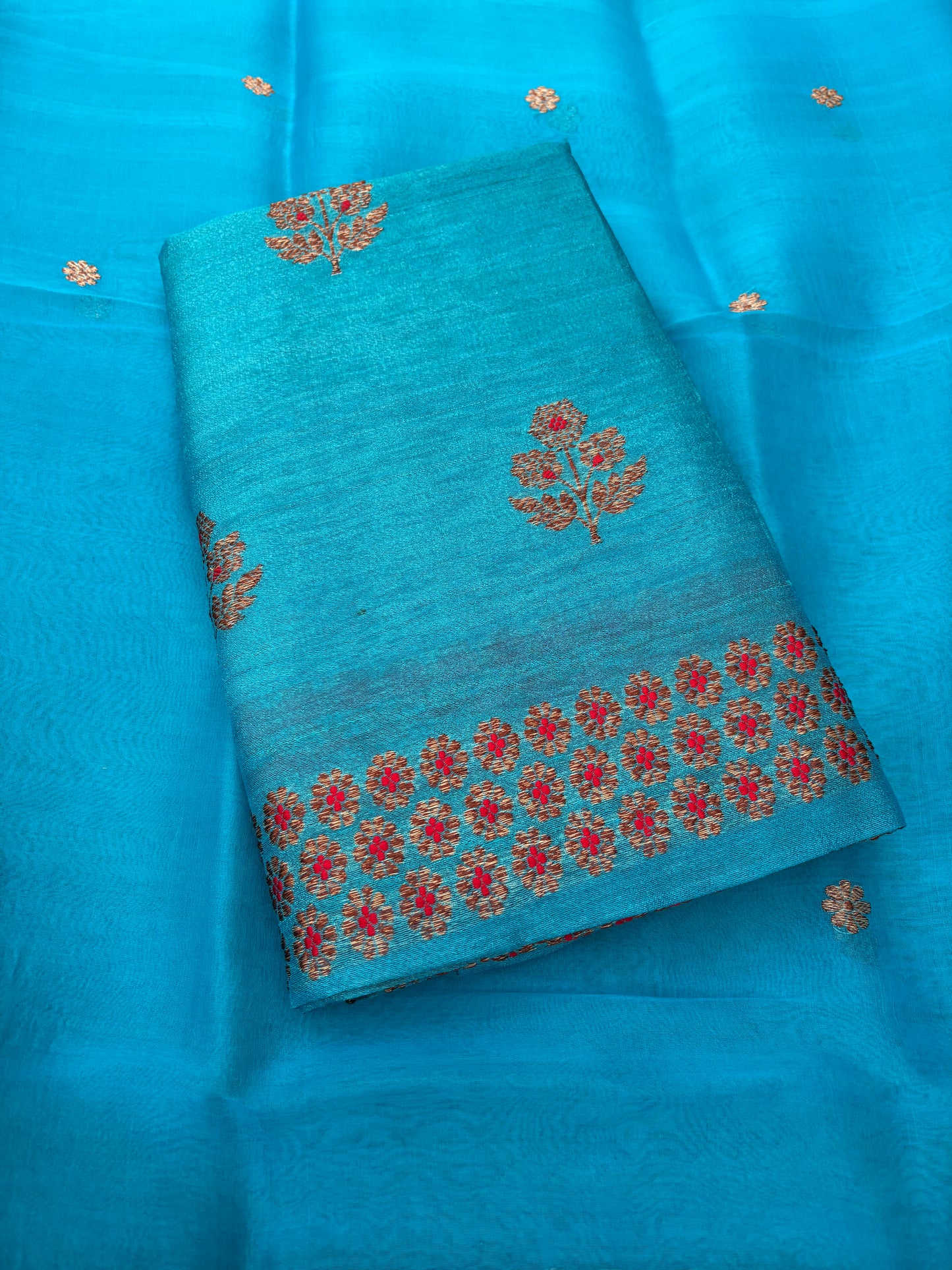 Warm blue raw silk tussar kadhwa suit, kora silk dupatta