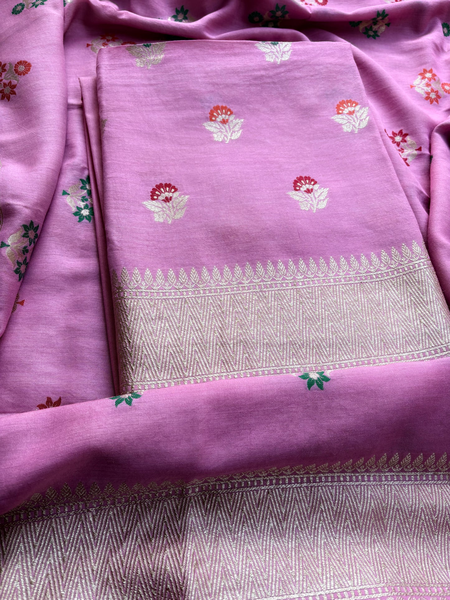 Pink meenadar moonga silk 3 piece suit set