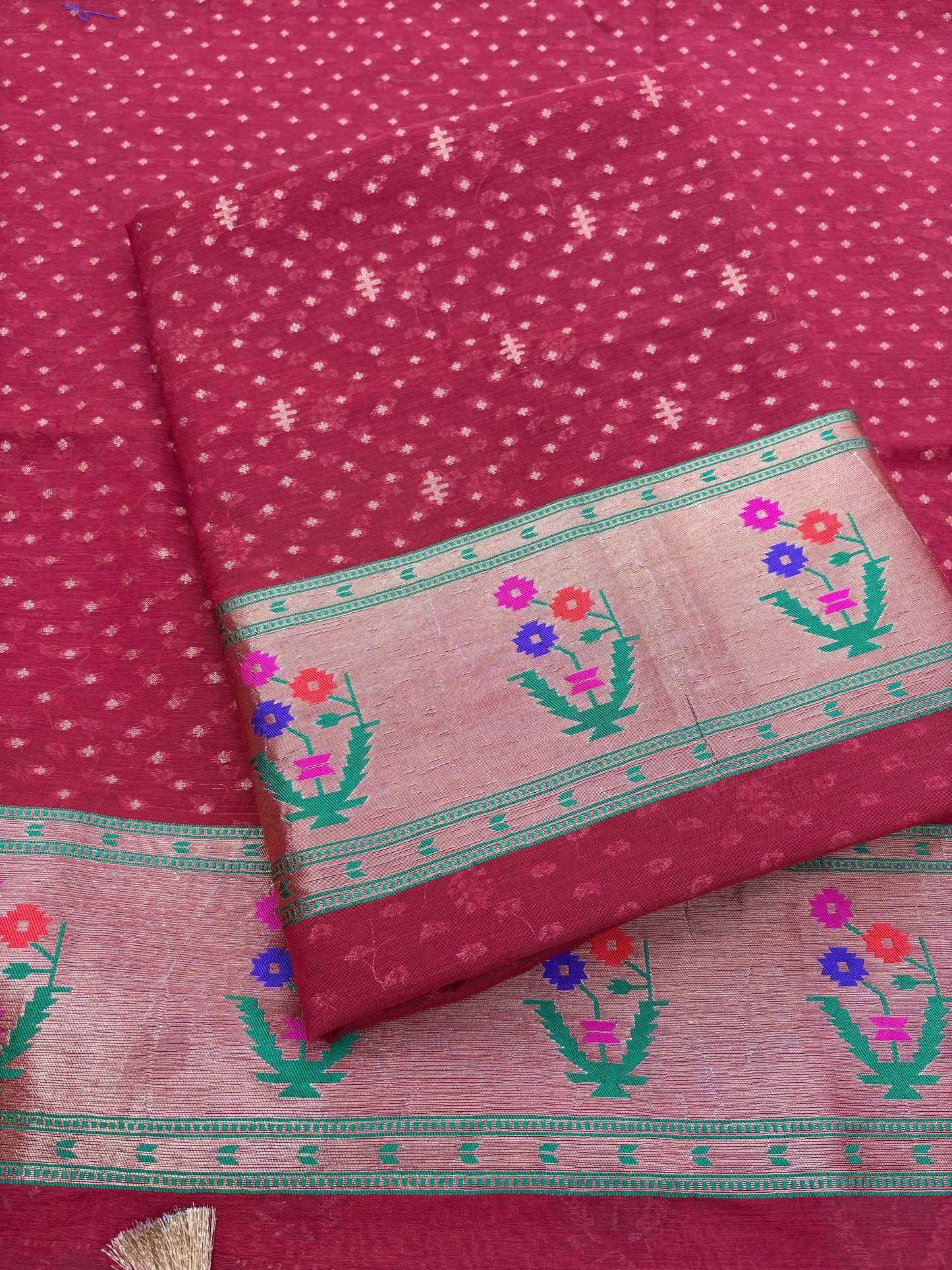 Red Chanderi cotton Paithani border suit set