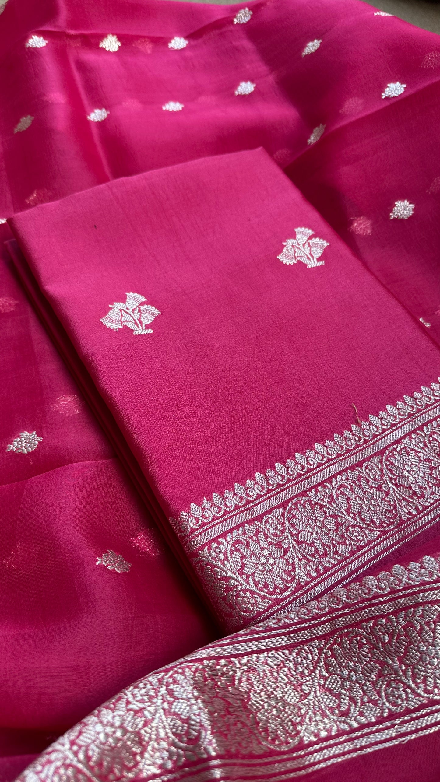 Pink pure silver zari chiniya silk kurta, kora silk dupatta, plain silk bottom.