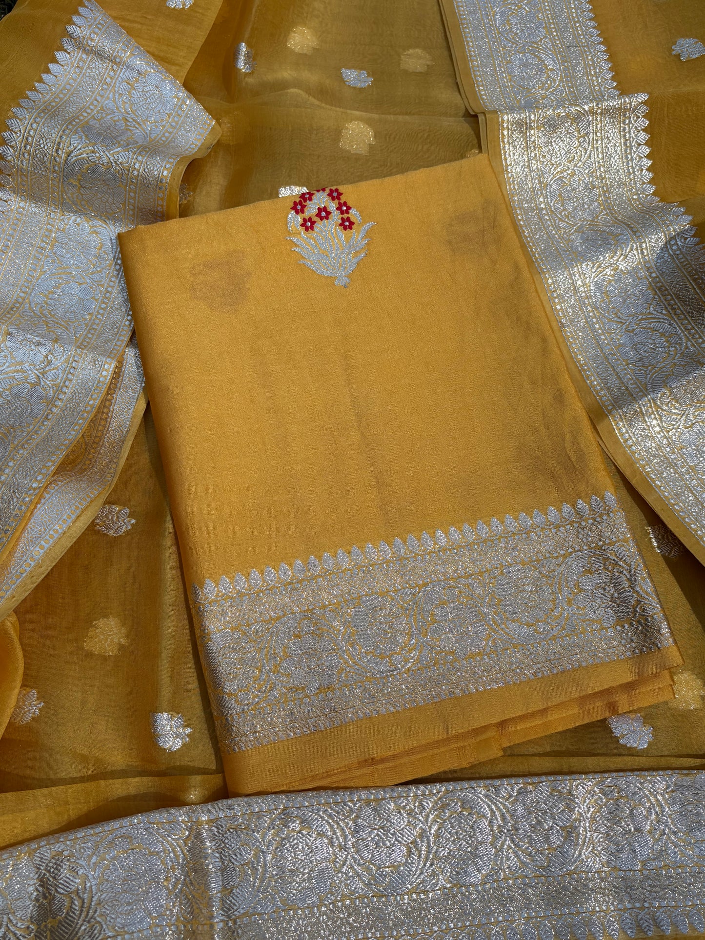 Mustard meenadar silver zari Chiniya kora 3 piece suit set