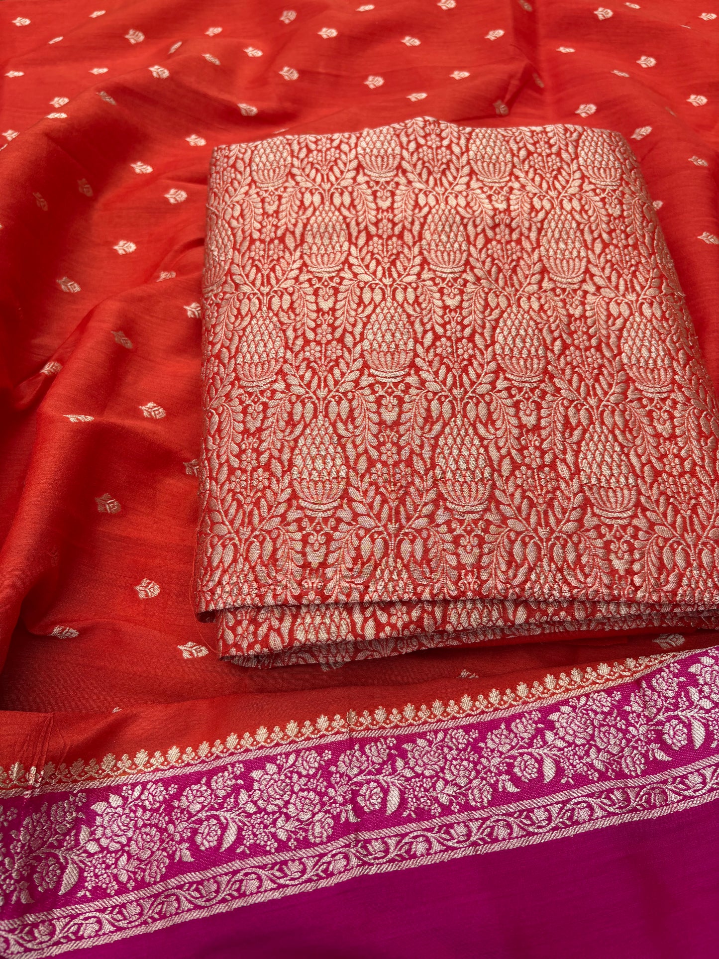 Orange pink moonga silk 3 piece suit set