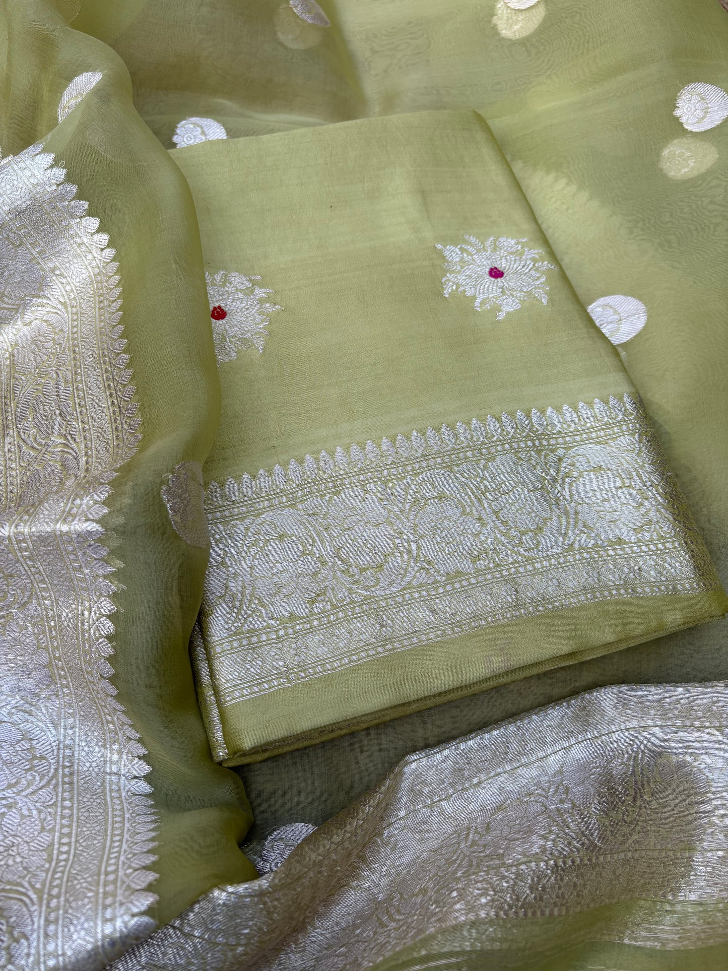 Green Chiniya silk silver zari 3 piece suit set