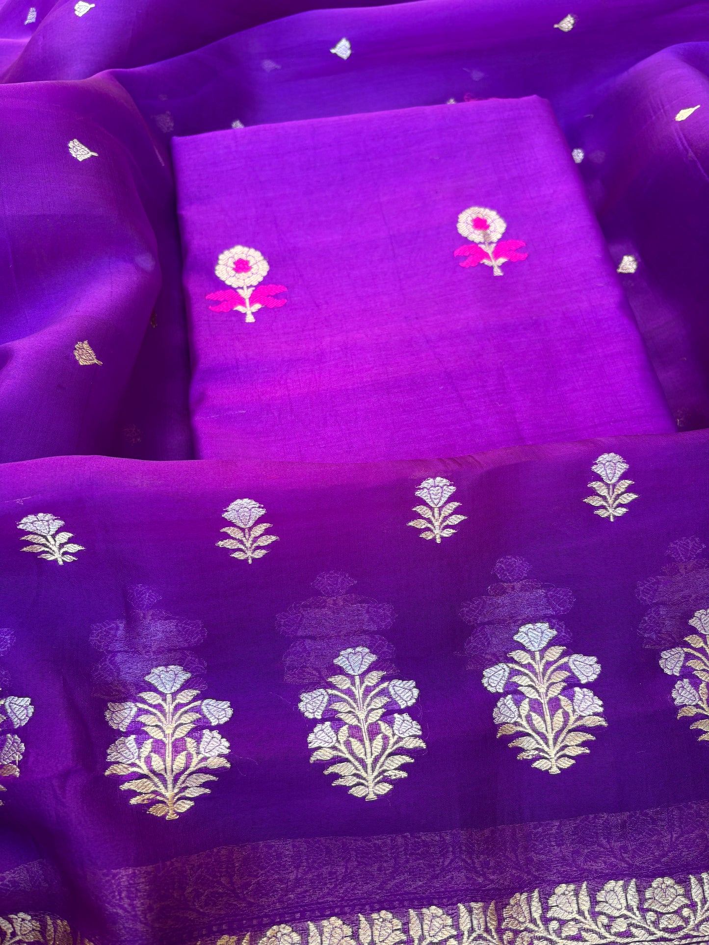 Purple meenadar Chiniya silk kurta, kora silk dupatta, plain bottom