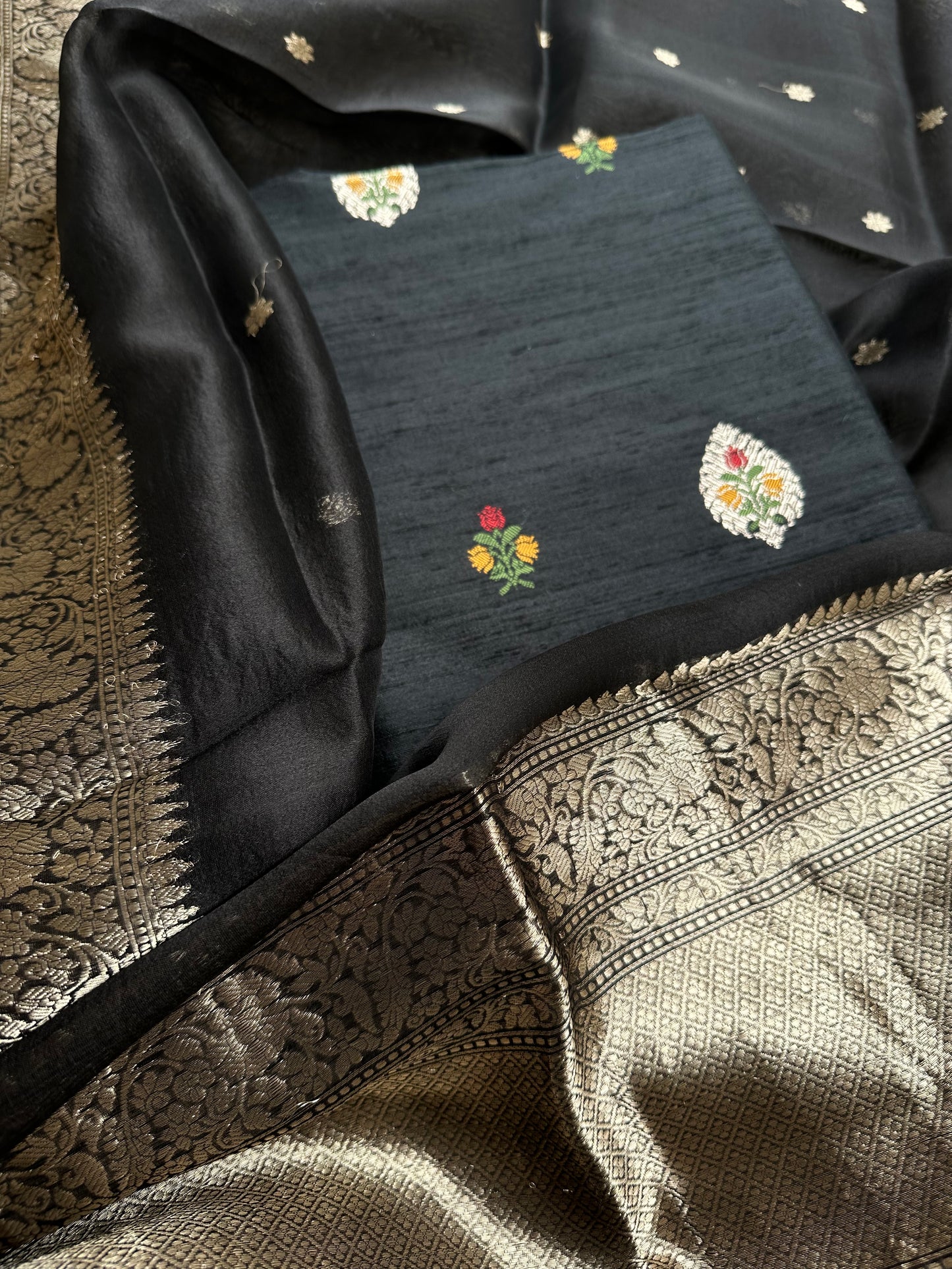 Black raw silk meenadar kurta, kora silk dupatta, plain bottom