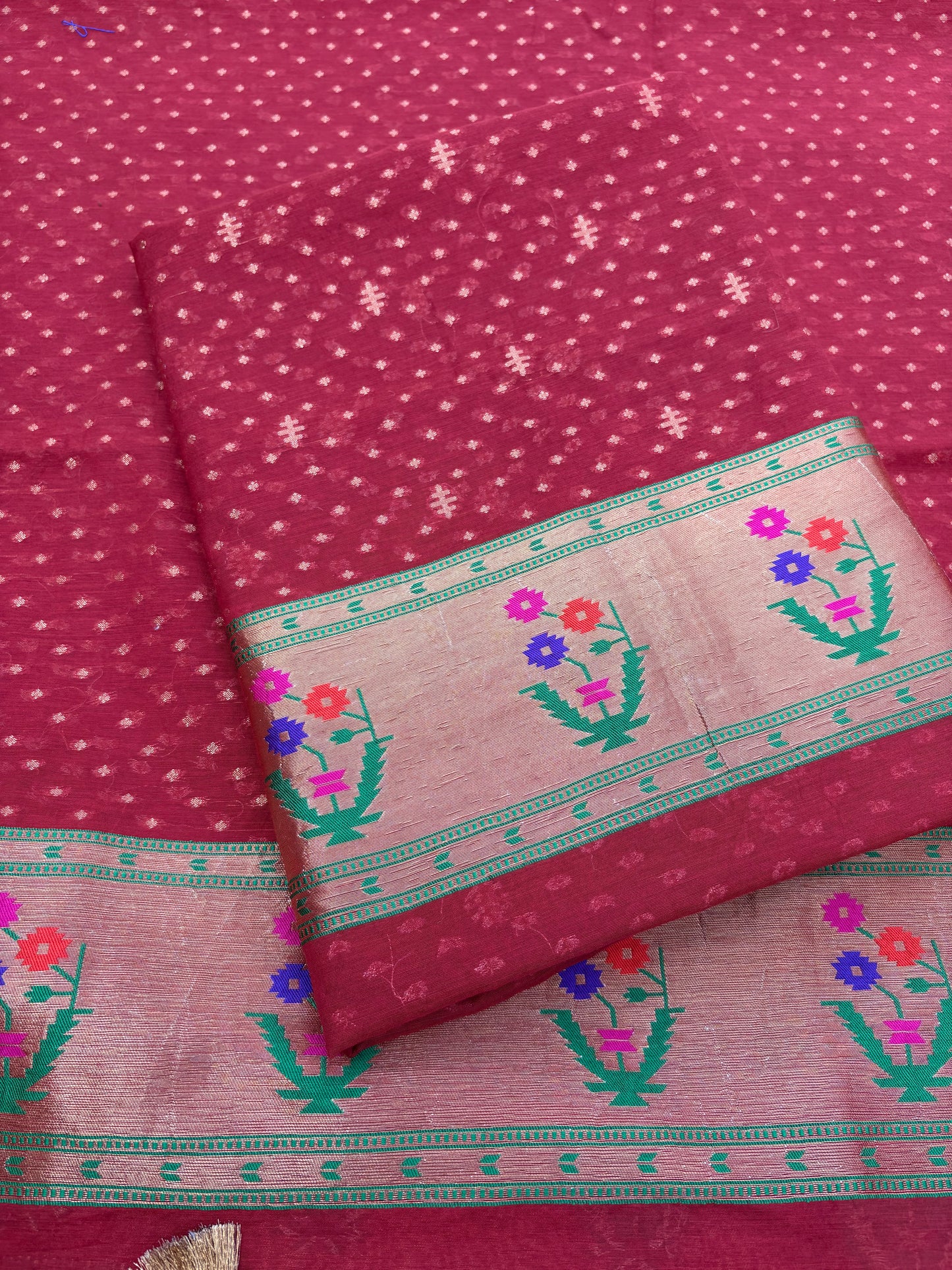 Red Chanderi cotton Paithani border suit set