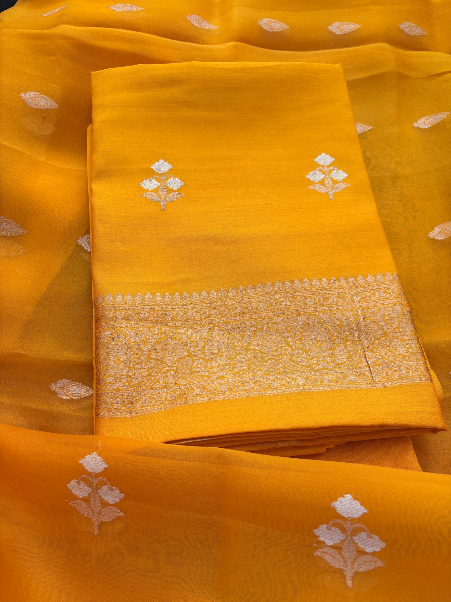 Yellow kora kadhwa silk suit set