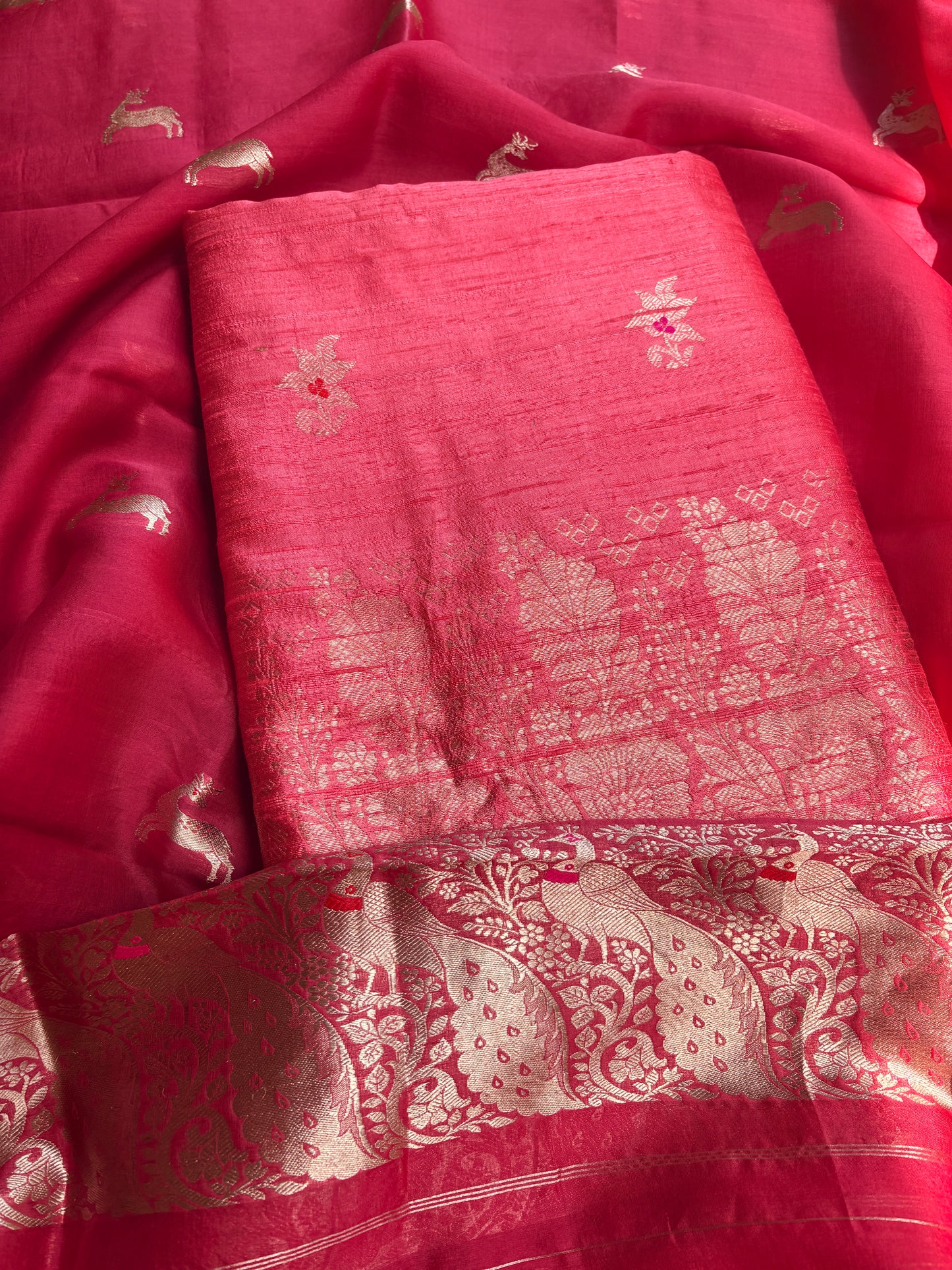 Peach raw silk kurta, bottom , kora silk dupatta