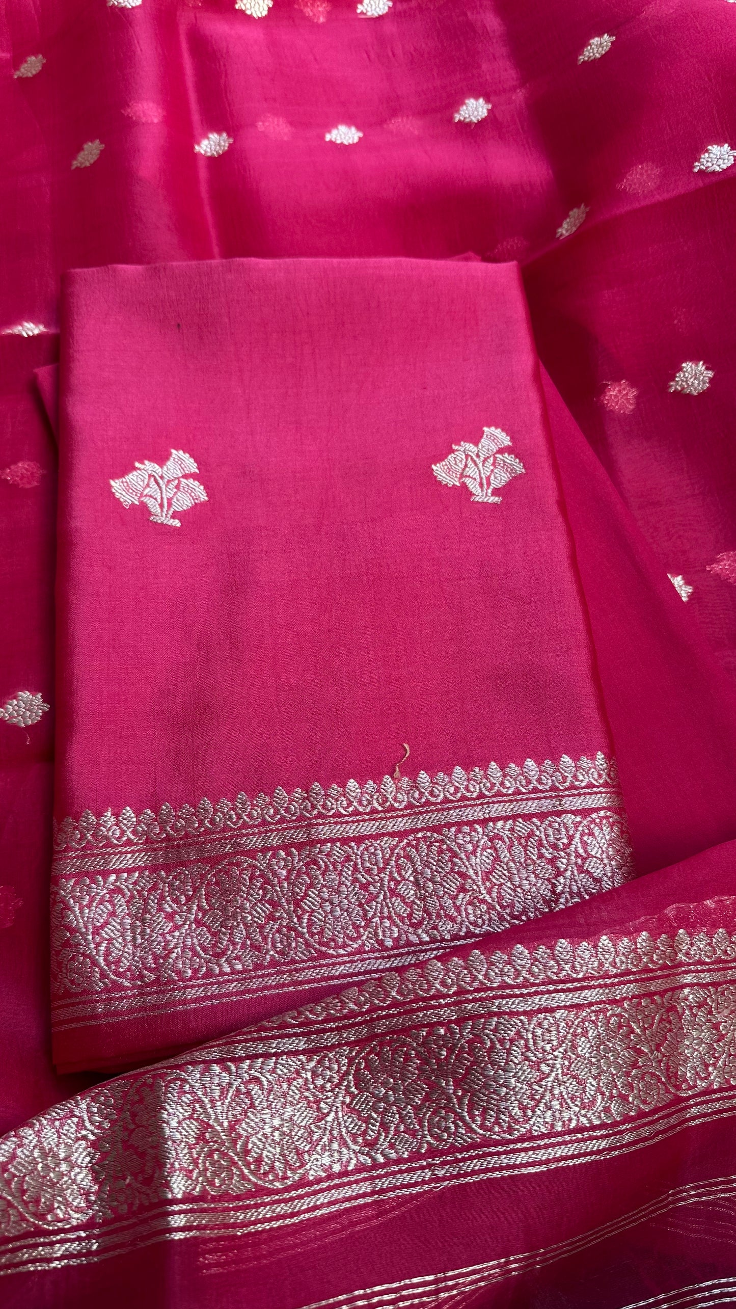 Pink pure silver zari chiniya silk kurta, kora silk dupatta, plain silk bottom.
