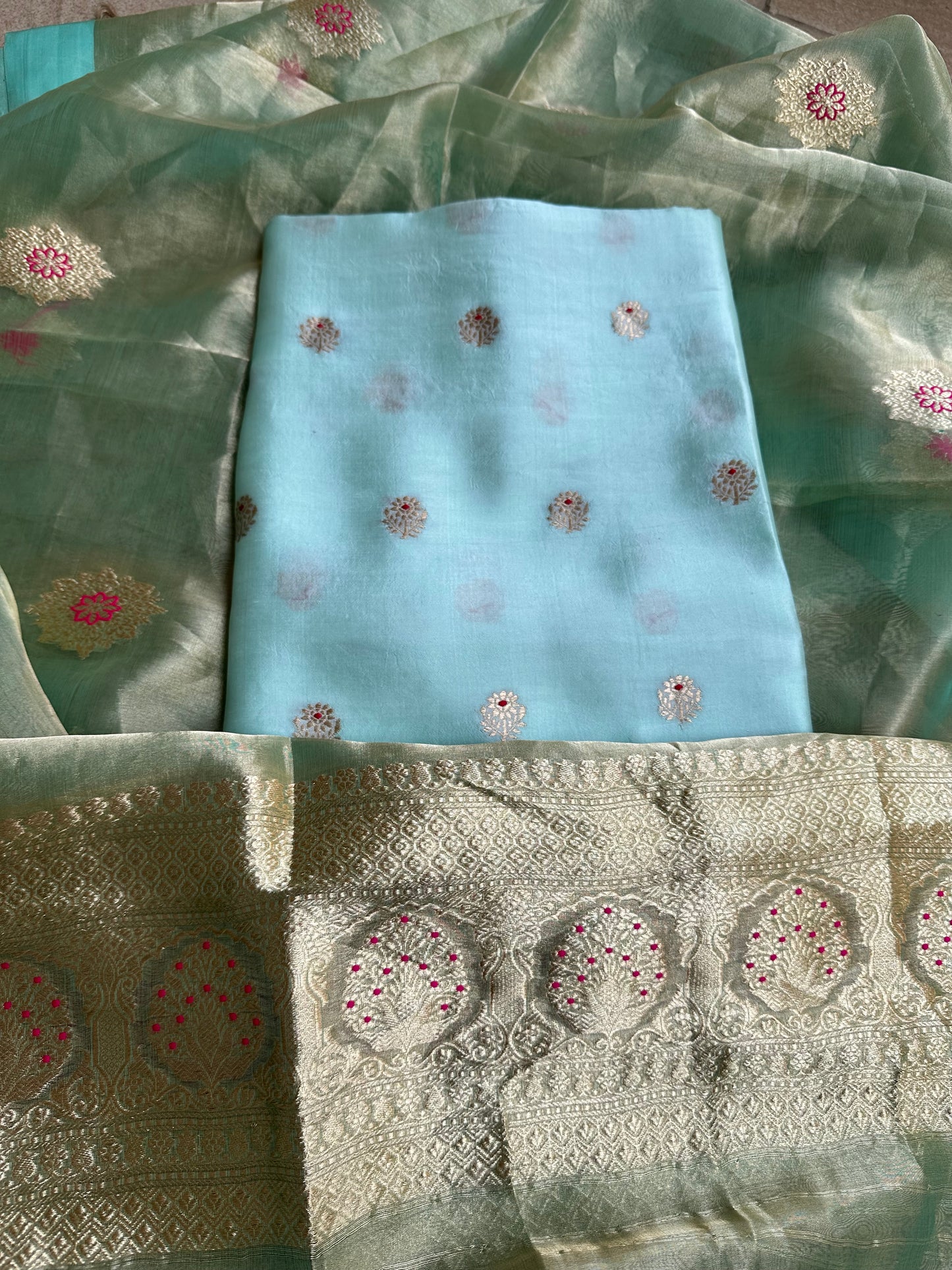 Sky blue chiniya silk kurta, bottom and tissue meendar dupatta