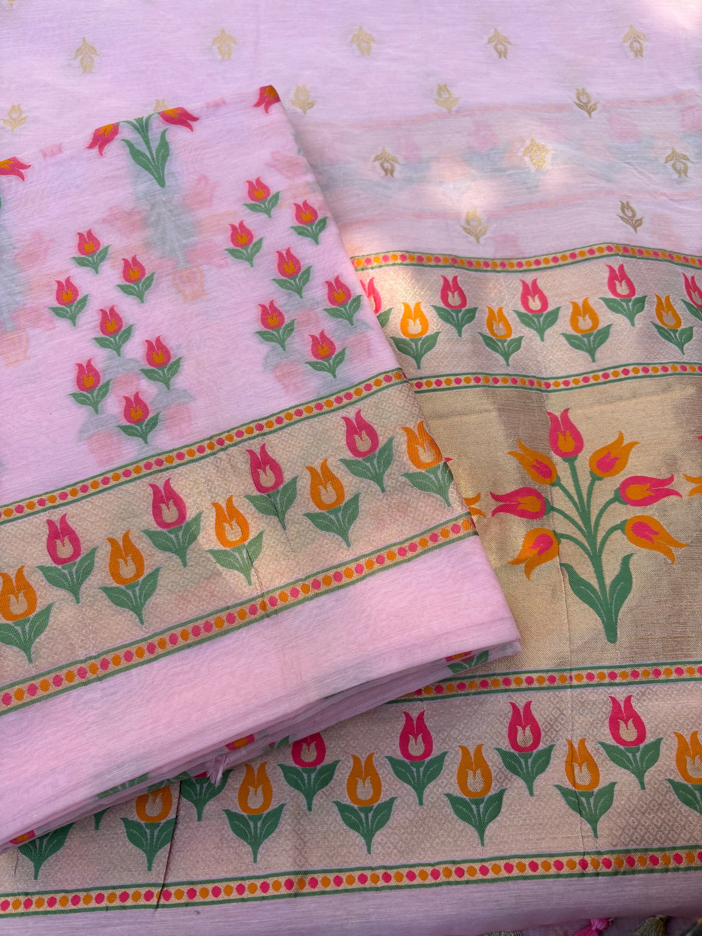 Pink meenadar flower design Chanderi cotton suit set