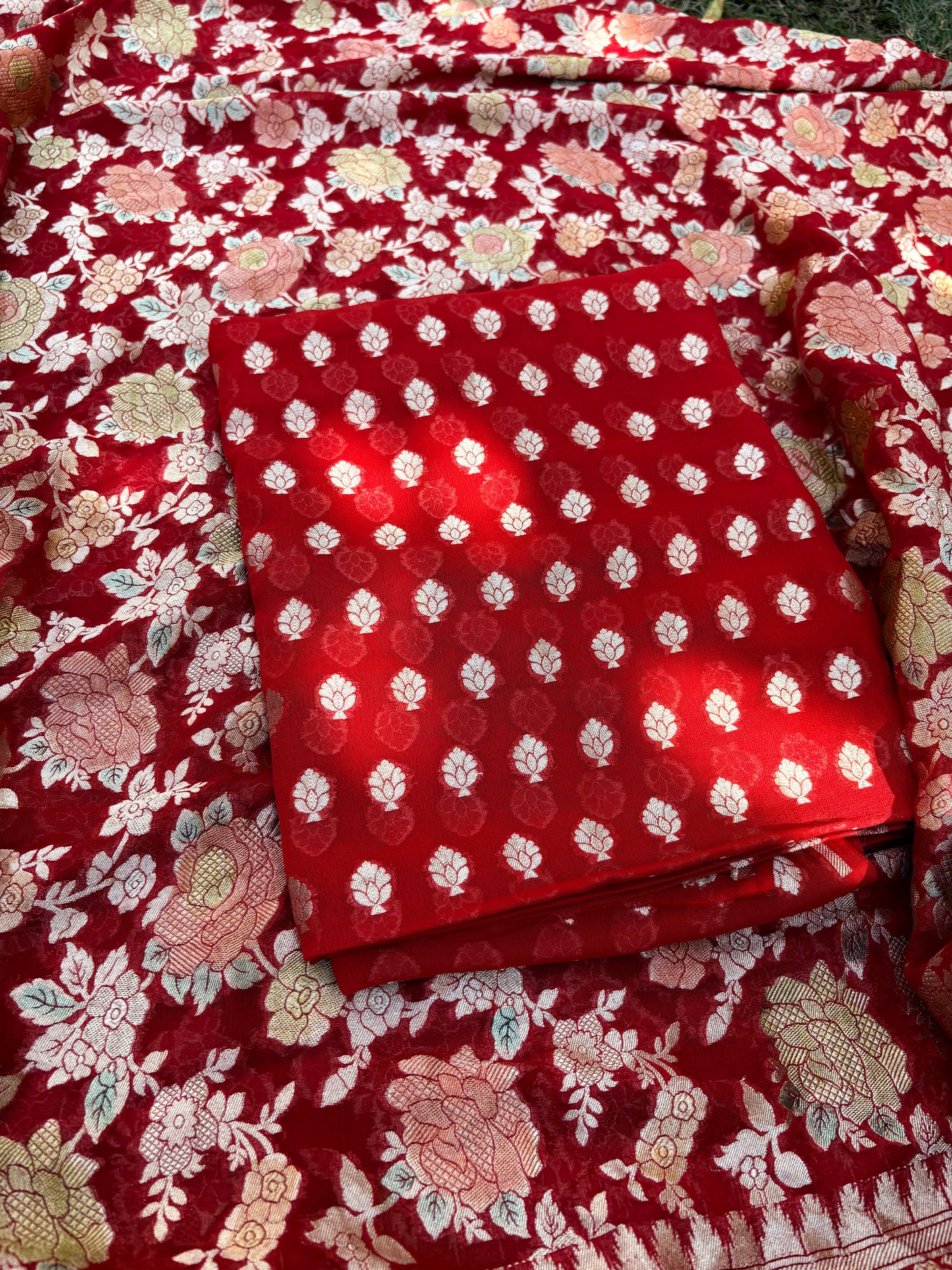 Red Khaddi georgette, hand brushed dupatta, plain bottom