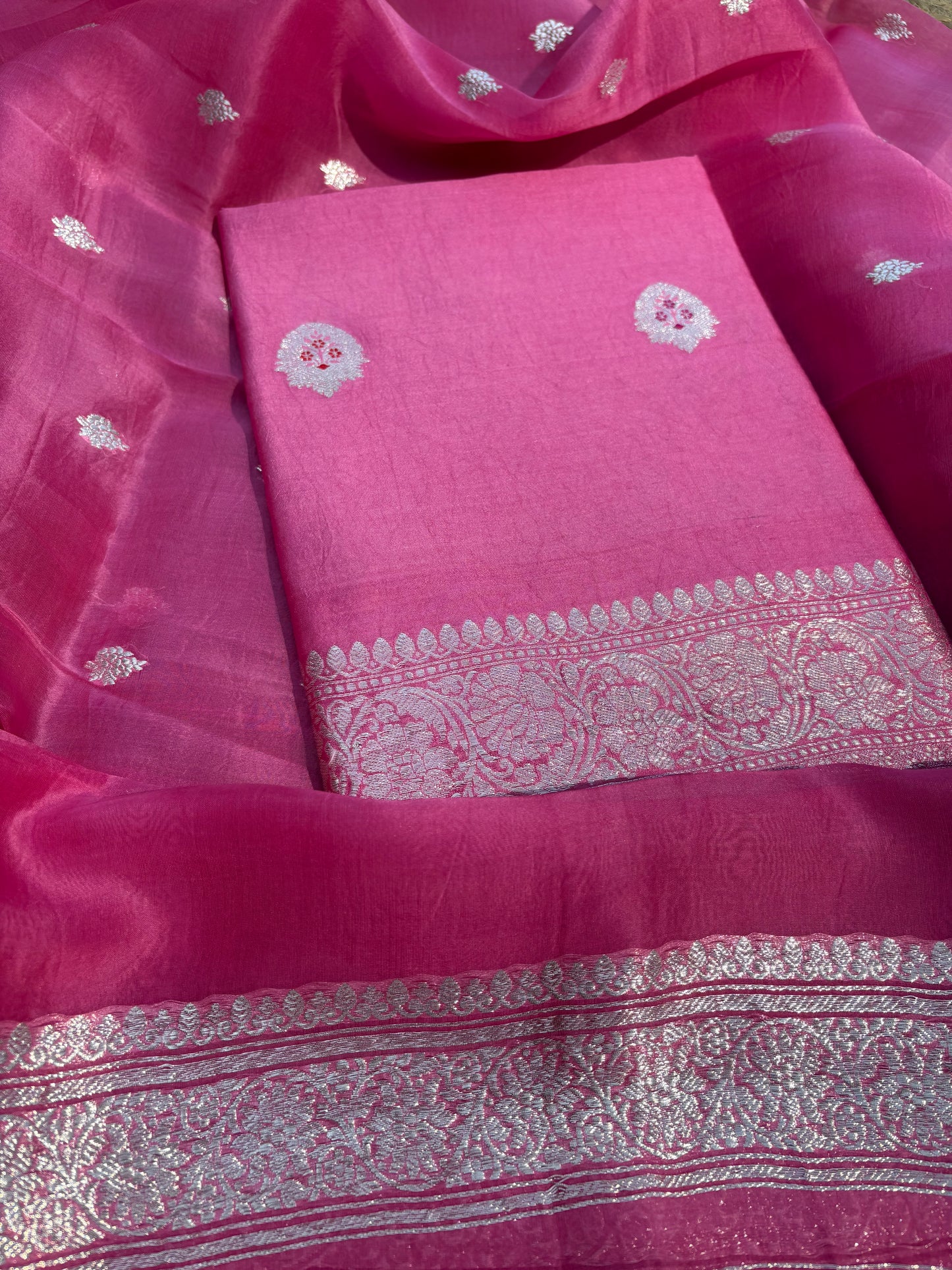 Pink Chiniya silver zari kurta, kora silk dupatta, plain bottom