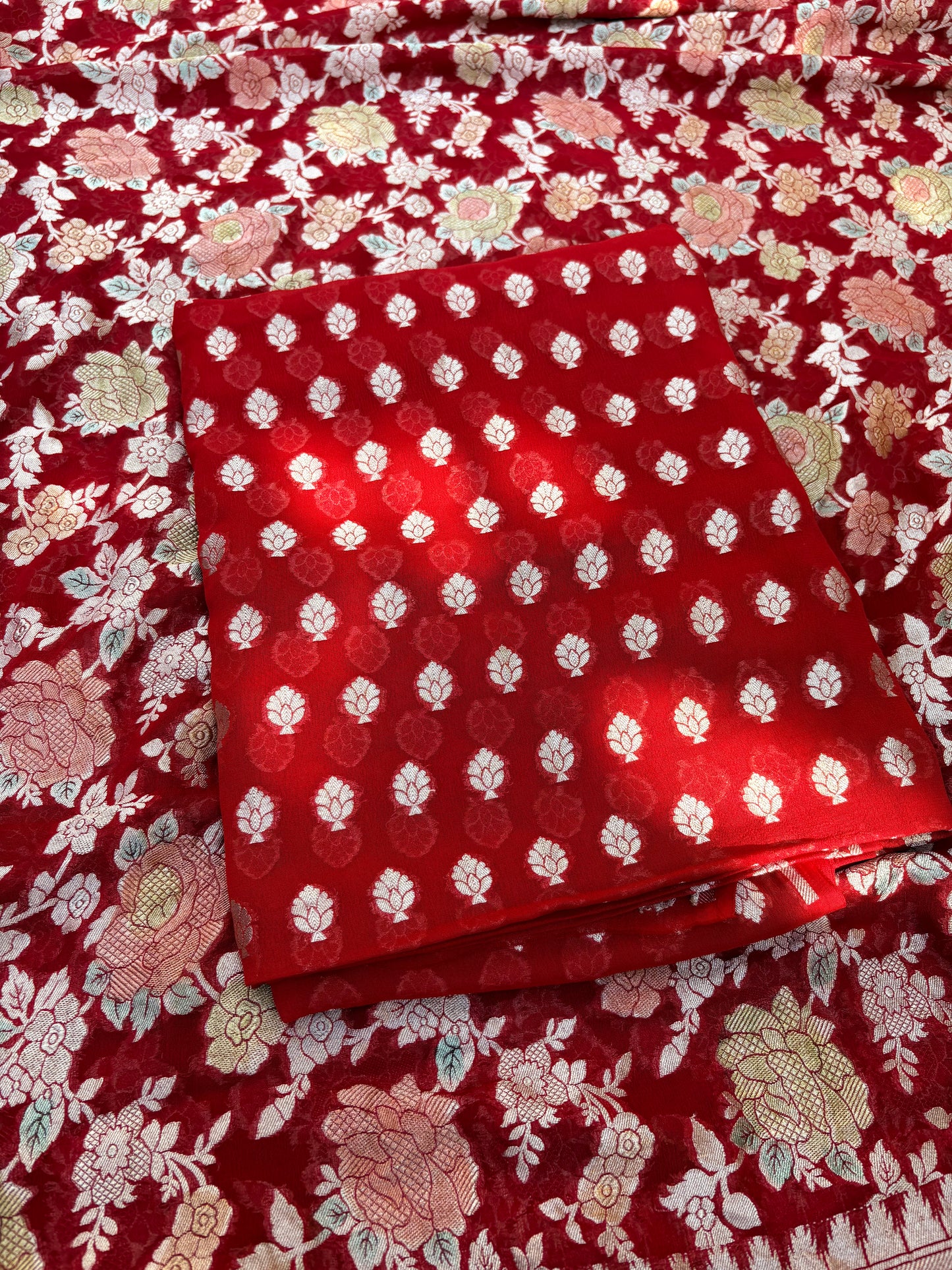 Red Khaddi georgette, hand brushed dupatta, plain bottom