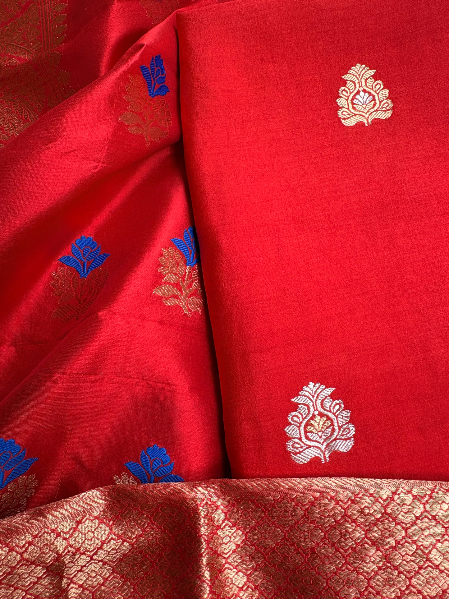 Red pure katan silk kadhwa suit set