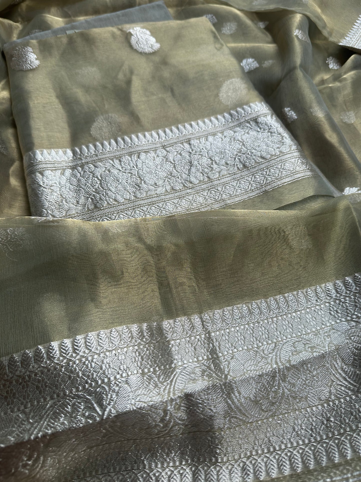 Mint green pure silver zari kadhwa tissue suit set