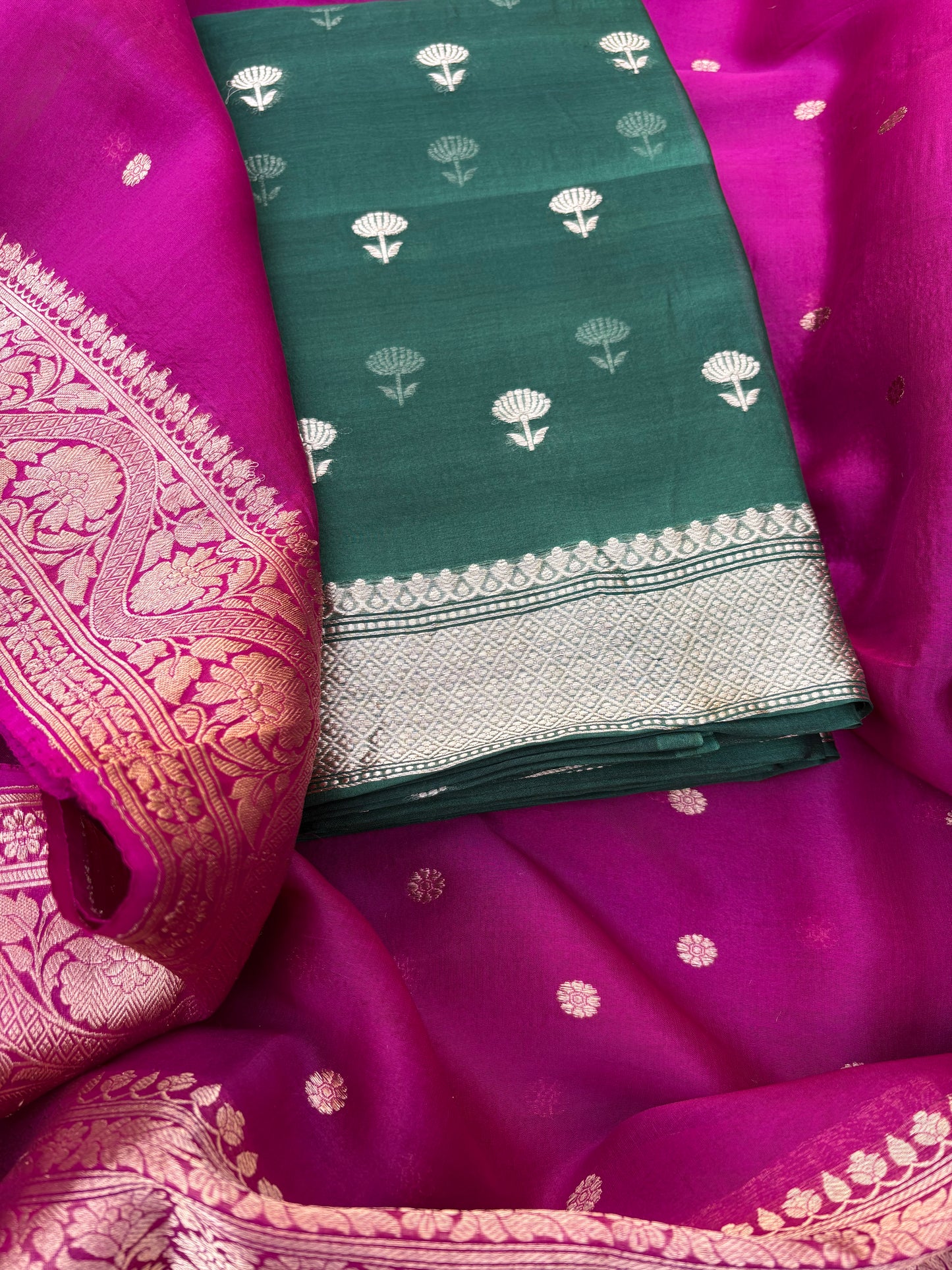 Green kora kadhwa kurta, magenta dupatta, silk bottom